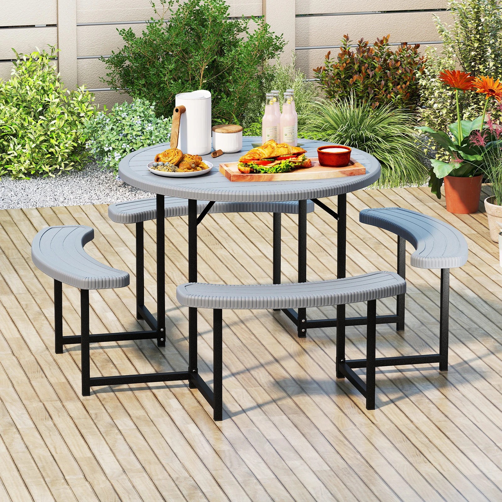3 Costway 95cm Round Picnic Table Bench Set w/Umbrella Hole Patio Outdoor Dining Table & Chairs - Grey, 3 of 3