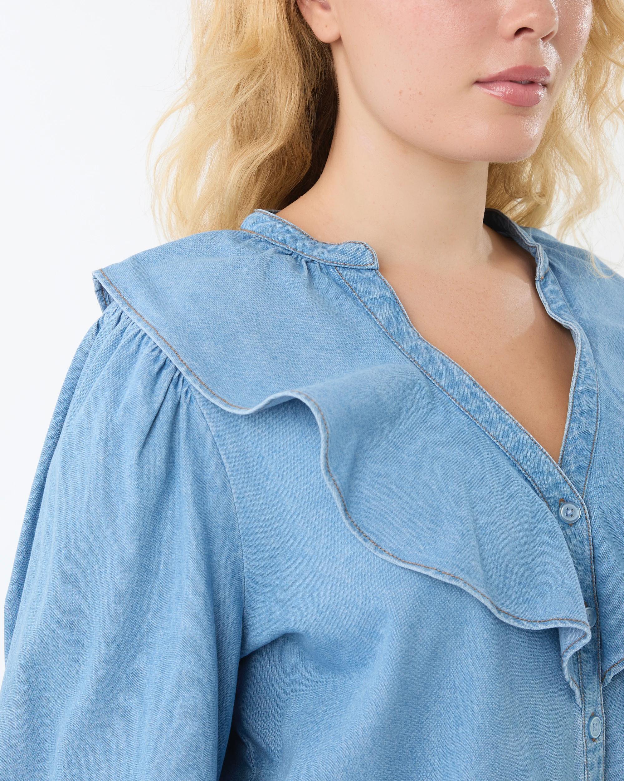 7 Long Sleeve Chambray Frill Button Through Top Light Wash, 7 of 7