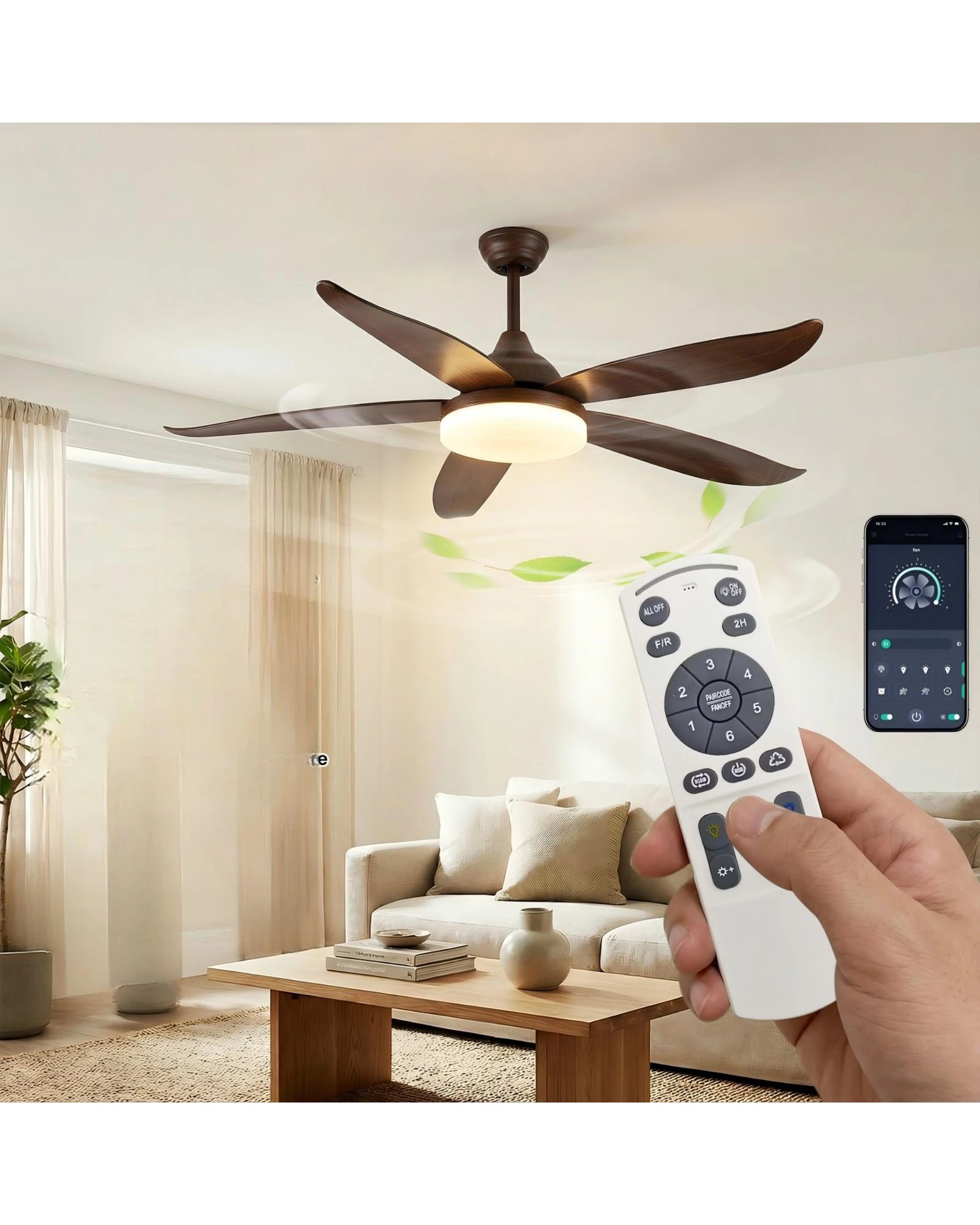 3 Advwin Ceiling Fans with  RGB Color Lights 6 Speeds Remote APP Control - Brown, 3 of 7