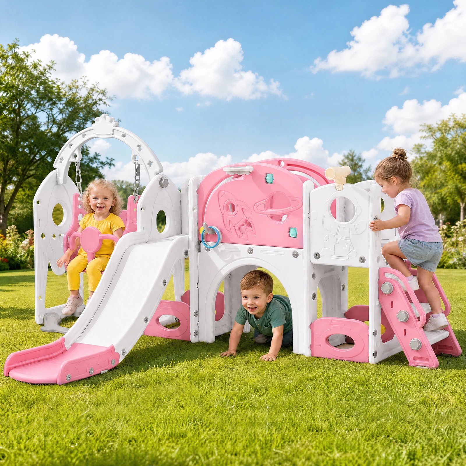 5 Advwin 10-in-1 Kids Slide Swing Set Indoor Outdoor Toddler Playground Activity Centre Kids Playset, Pink+White - Pink, 5 of 8