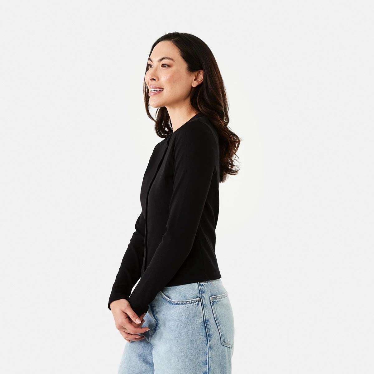 3 Long Sleeve Rib Button Front Top Black, 3 of 7