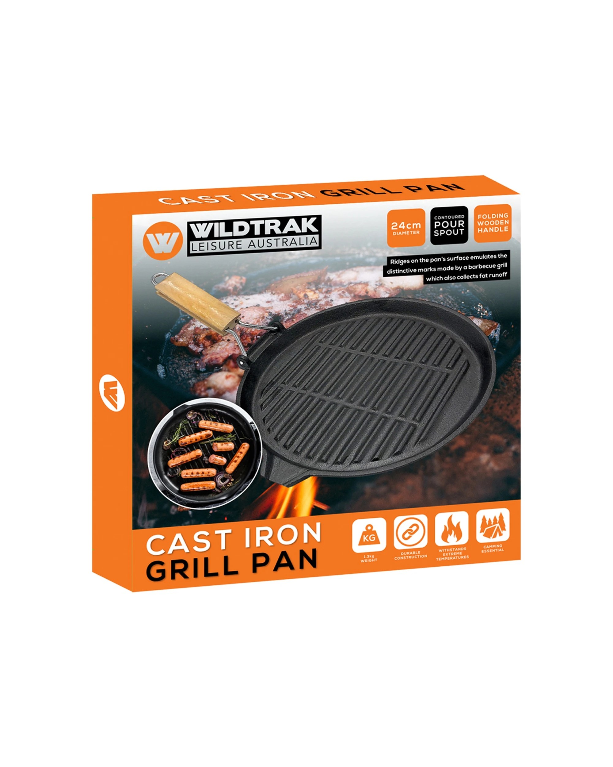 3 Wildtrak Round Grill Pan Folding Wooden Handle Cast Iron Pour Spout - Black, 3 of 3