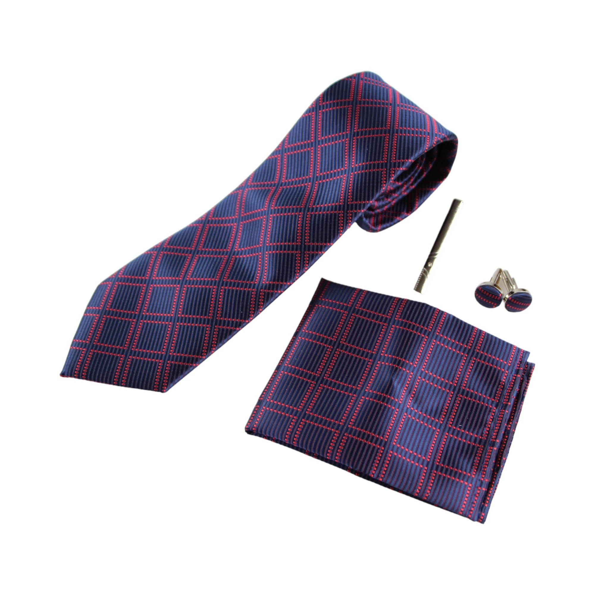 2 Zasel Mens Navy & Red Checkered Matching Neck Tie, Pocket Square, Cuff Links And Tie Clip Set - Multi, 2 of 3