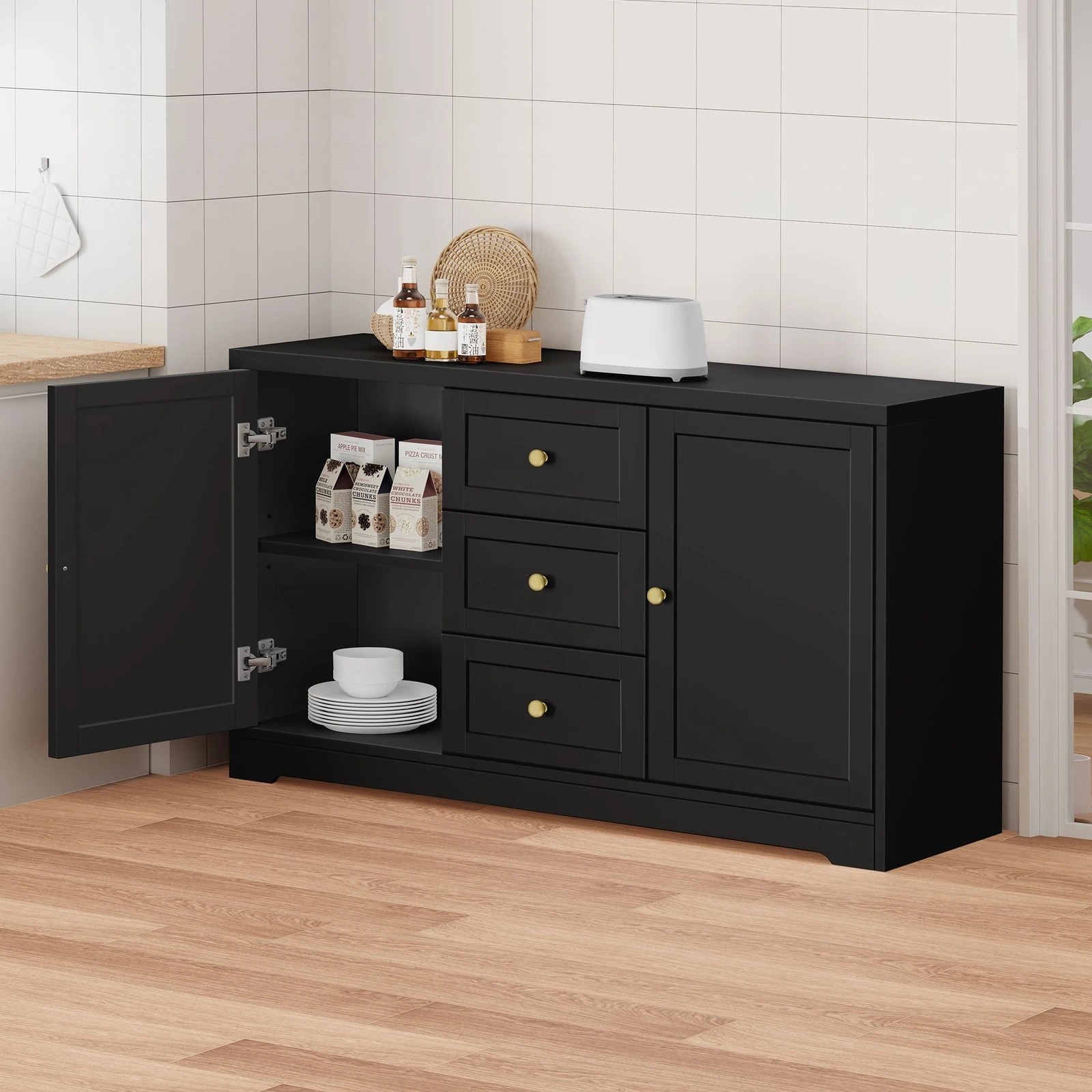 4 Alfordson Buffet Sideboard Cupboard Cabinet Storage Drawers Pantry Hallway - Black, 4 of 9