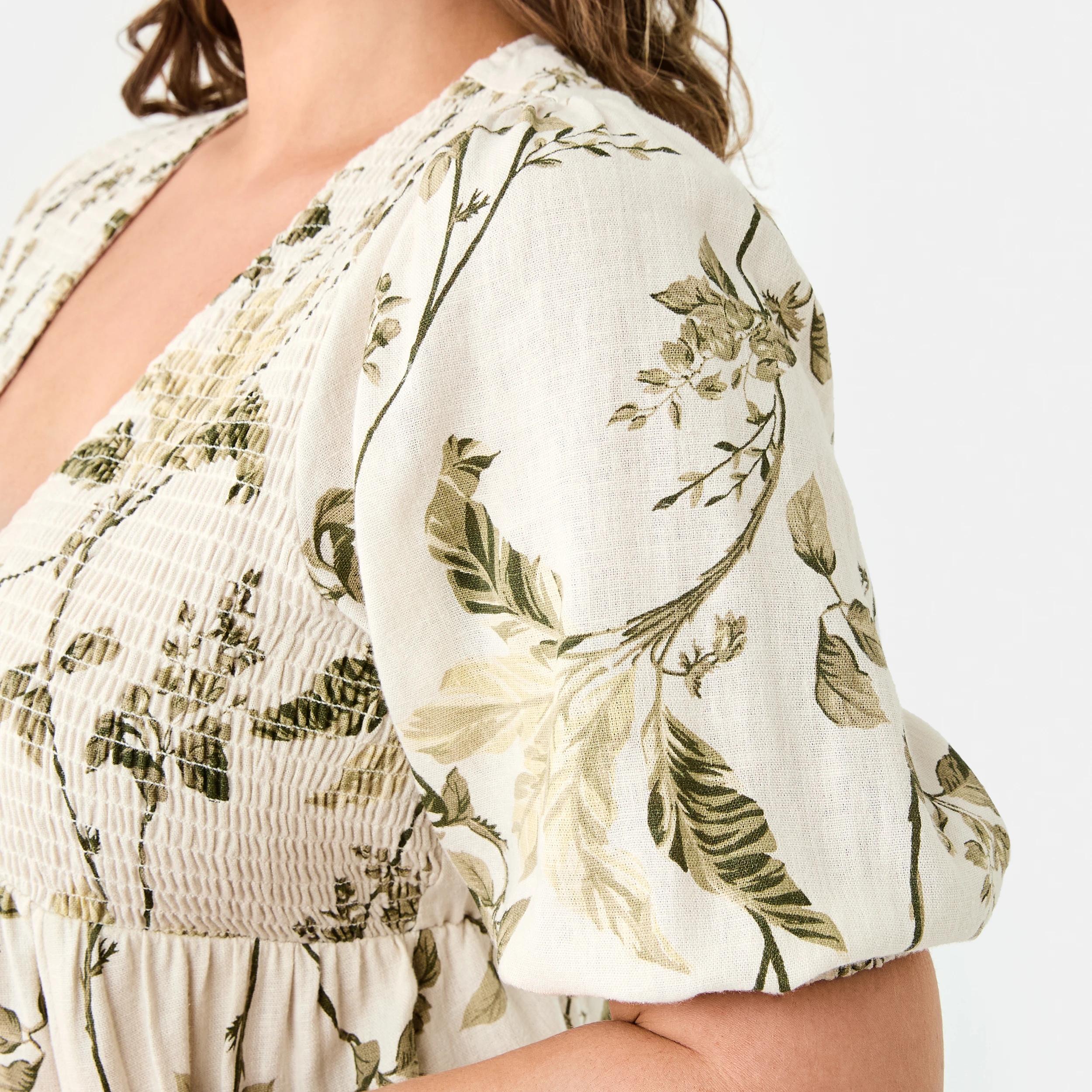 7 Short Sleeve Shirred V-Neck Mini Dress TROPICAL BURNT OLIVE, 7 of 9