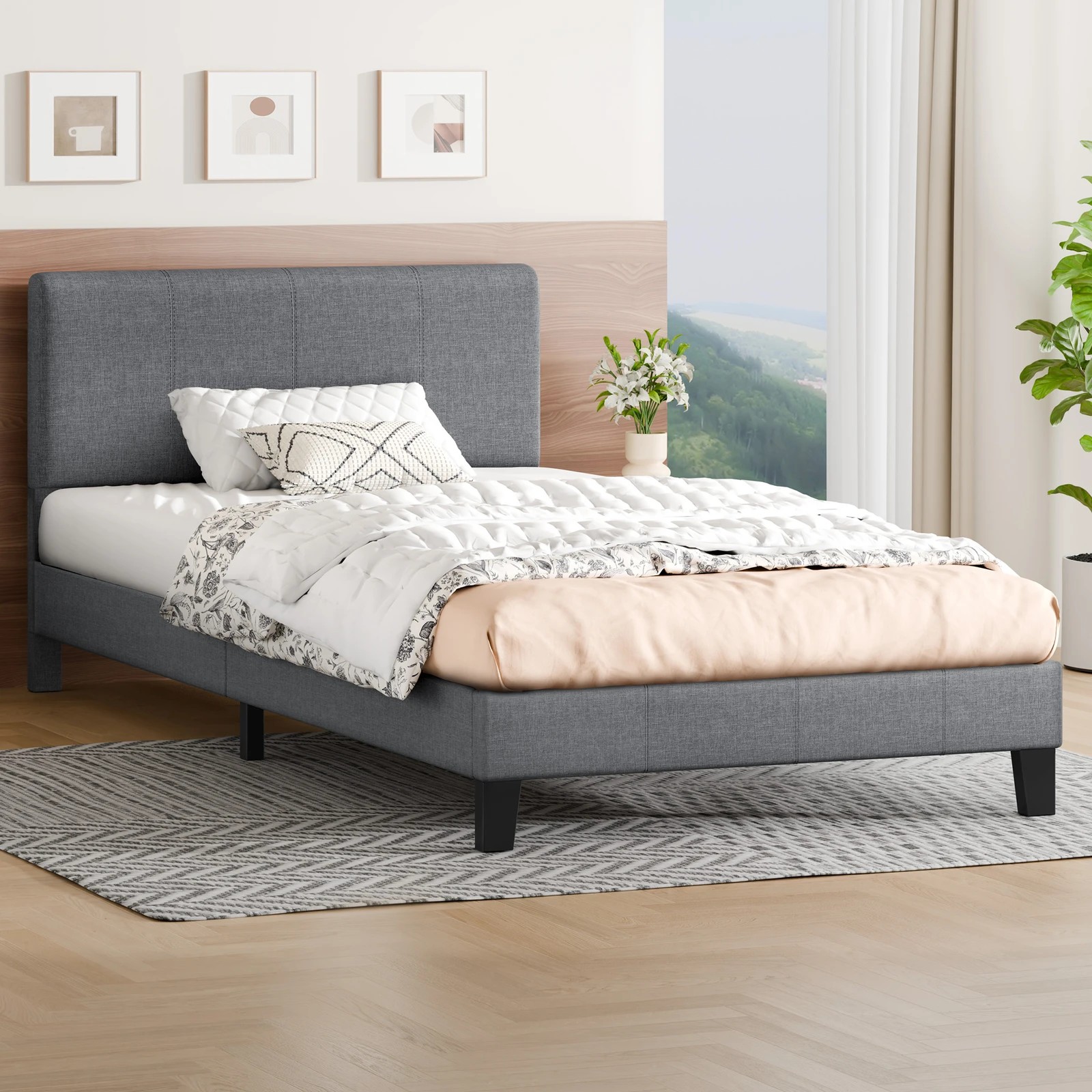 2 Alfordson Bed Frame King Single Mattress Base Platform Fabric Linus - Grey, 2 of 10