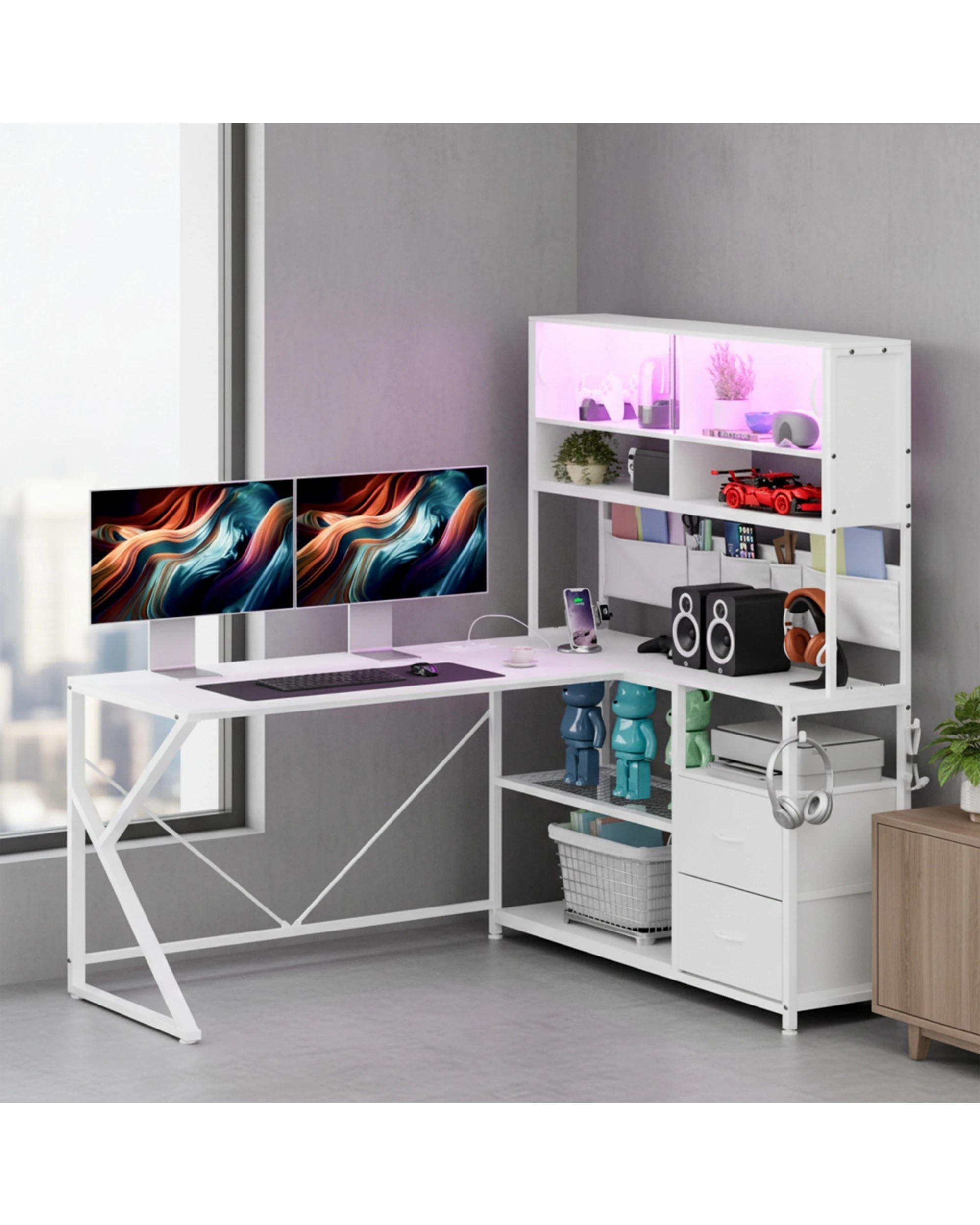 2 Advwin 130cm  L Shaped Gaming Desk with LED Lights & Power Outlets  - White, 2 of 10