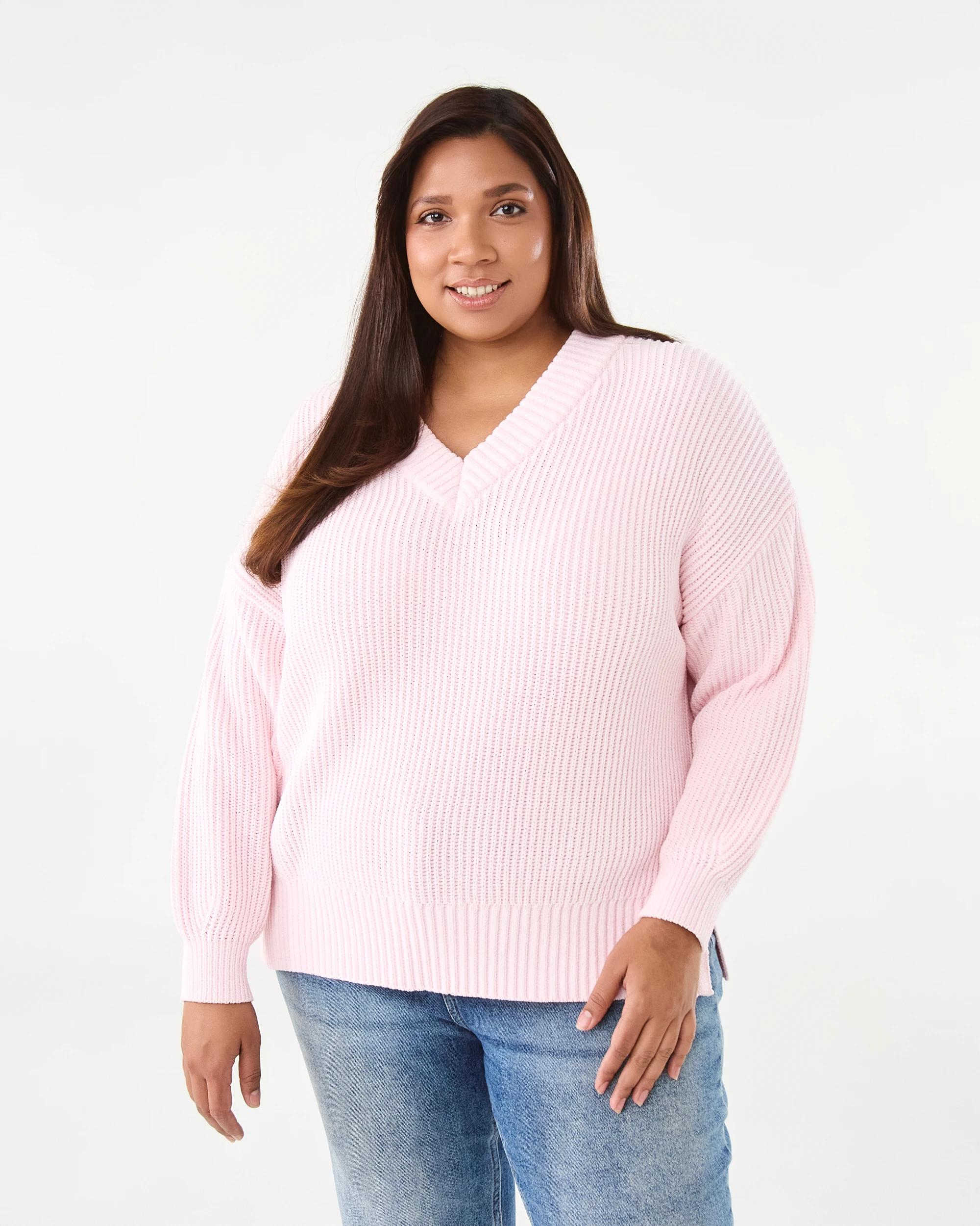 1 Curve Long Sleeve V-neck Chenille Jumper Bllet Pink, 1 of 7