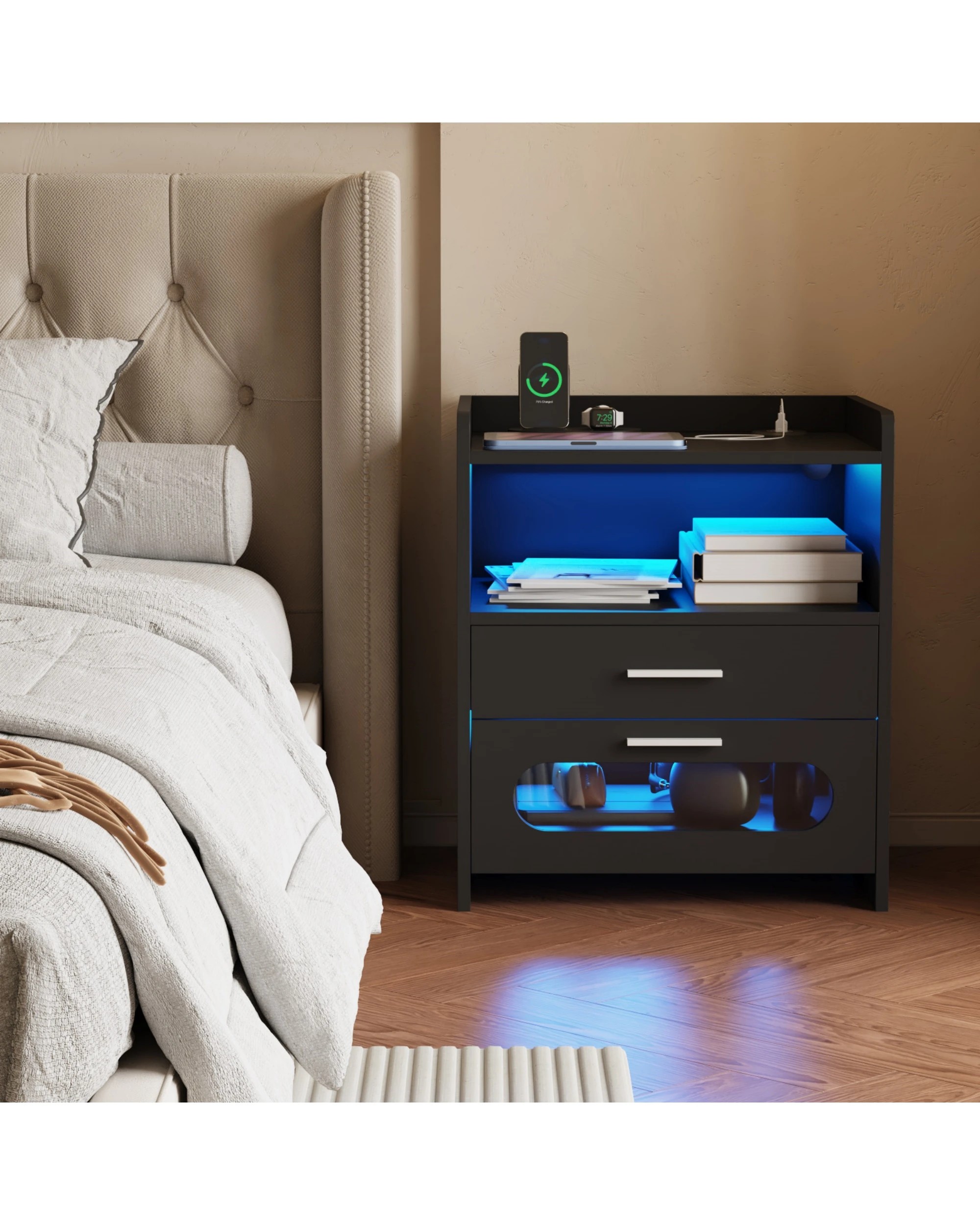 2 Advwin Bedside Table Wireless Charging Station Led Lights 2 Drawers Storage
 - Black, 2 of 9