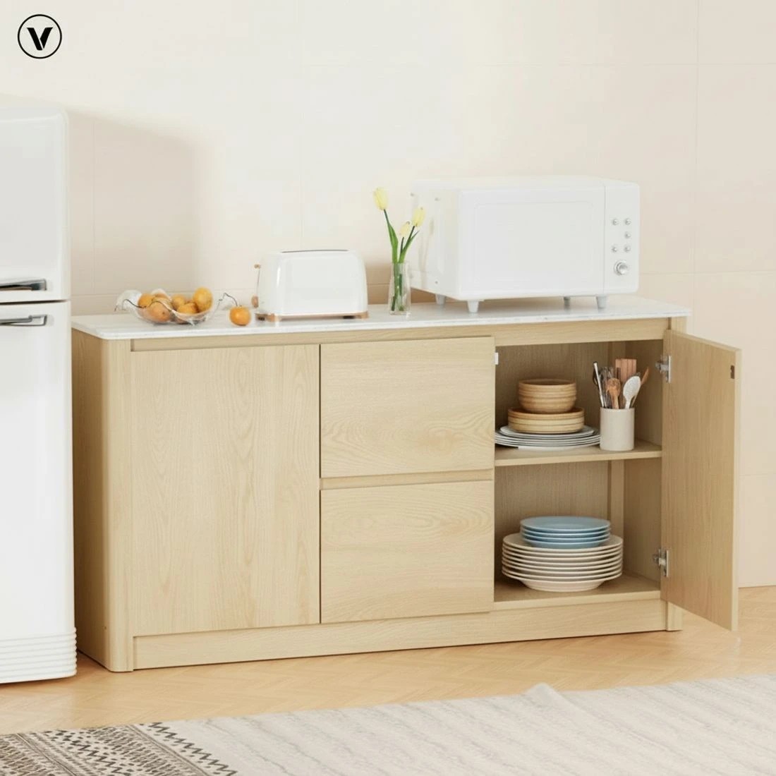 6 Artiss Buffet Sideboard Chest Drawers Cupboard Storage Marble Type Tabletop Pine - Brown, 6 of 8