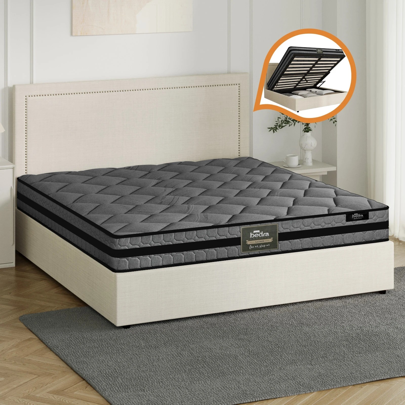 3 Oikiture Bed Frame Queen Size Gas Lift Storage Beds With Mattress Set ADI - Beige, 3 of 8