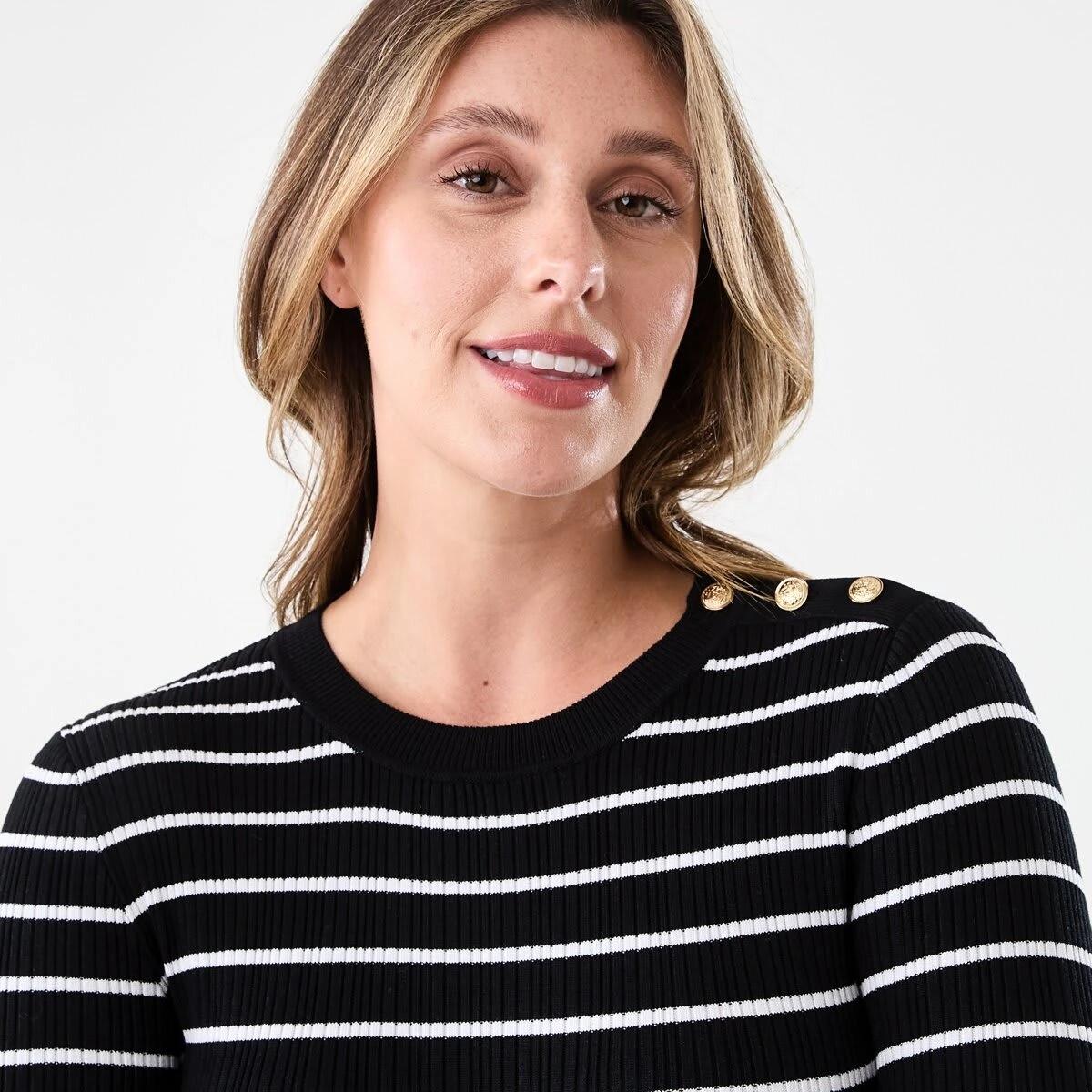 4 Long Sleeve Button Detail Top Ecru Strp, 4 of 6