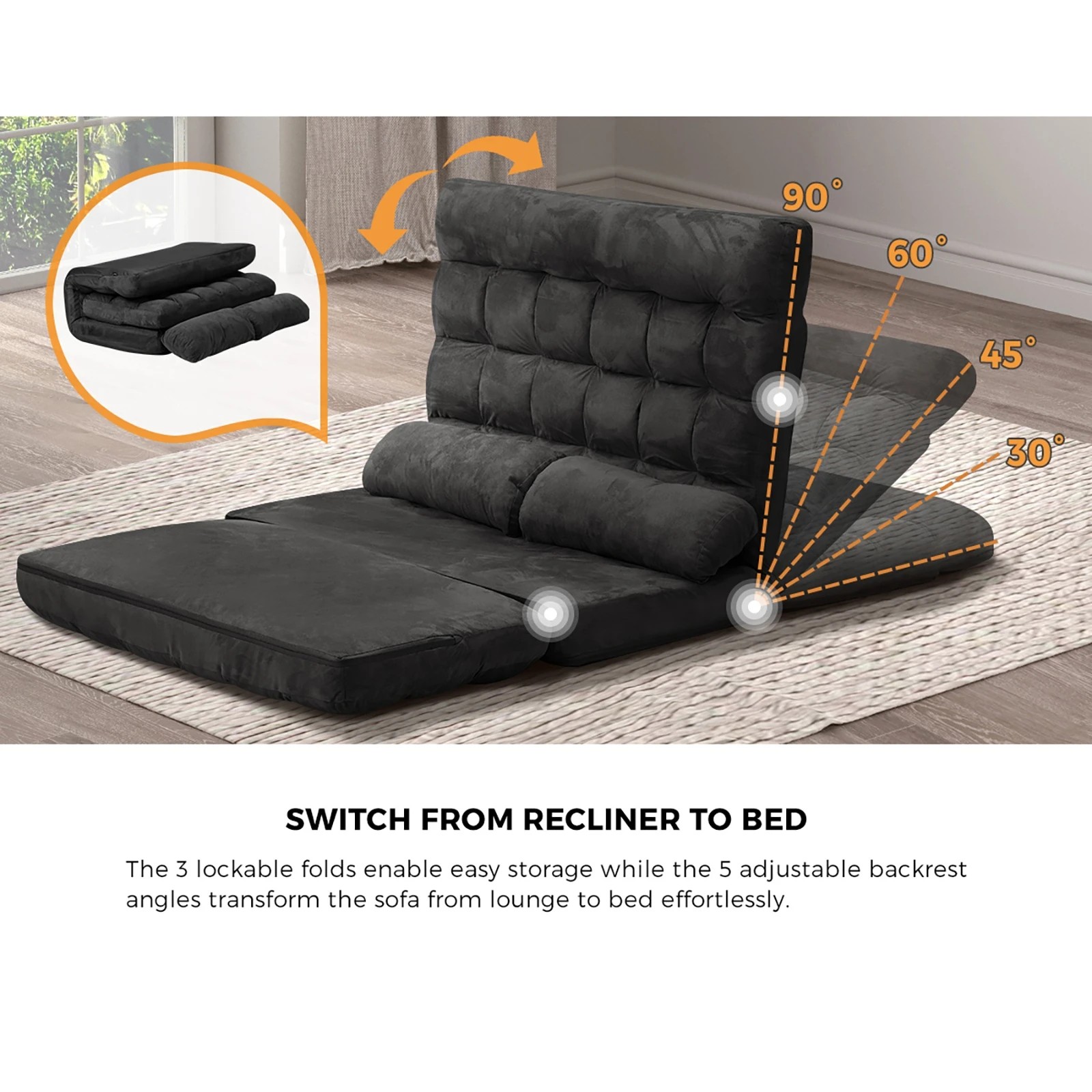 4 Oikiture Lounge Sofa Bed Floor Recliner 2 Seater Chaise Chair Folding
 - Charcoal, 4 of 9