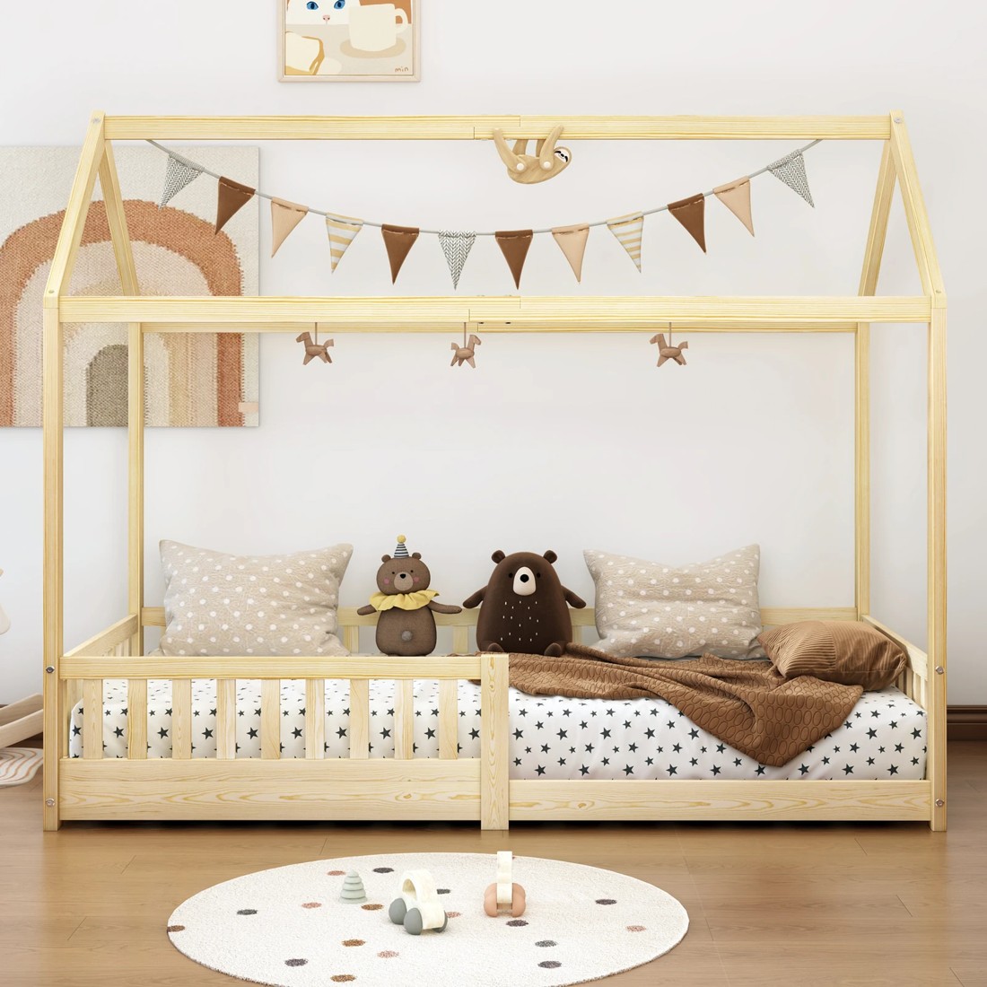 5 Alfordson Kids Bed Frame Wooden Timber Single House Frame Platform Base - Natural, 5 of 10