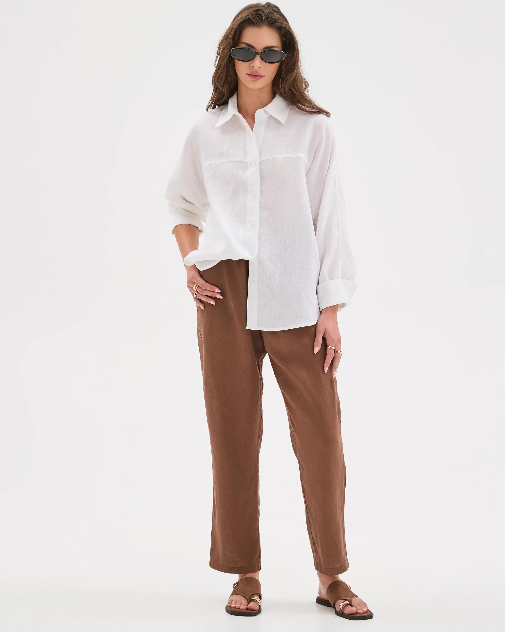 1 Target Petites European Linen Tapered Jogger Pants WARM BROWN, 1 of 6