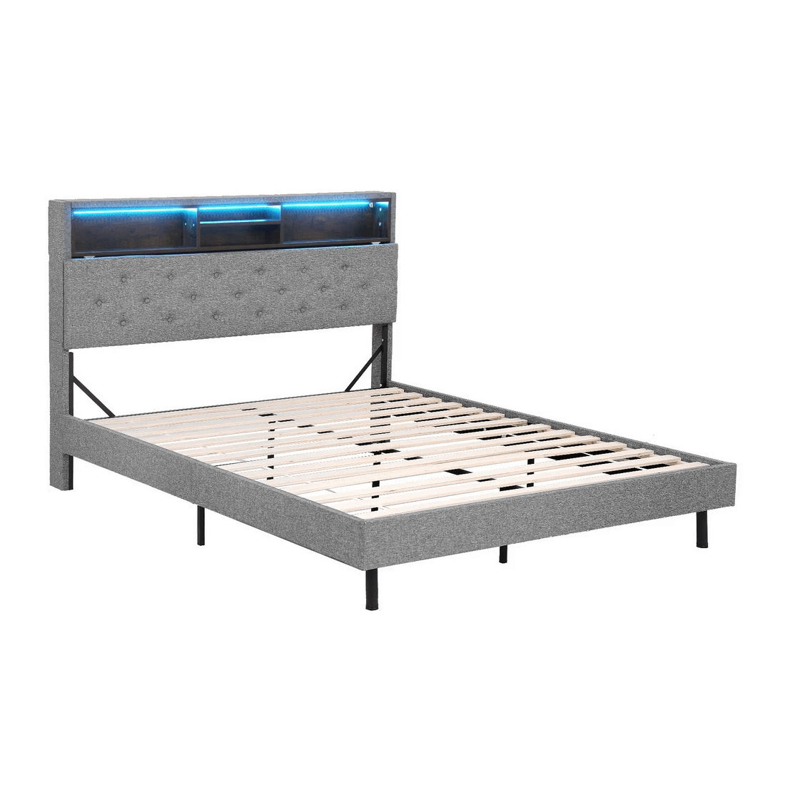 1 Artiss Bed Frame Double Size LED Mattress Base Platform with Storage Shelf Hidden Storage Box - Black, 1 of 8
