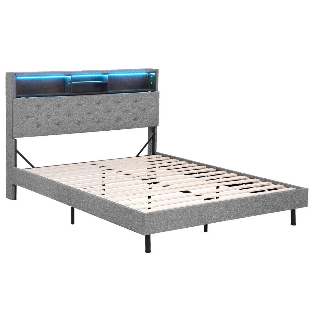 1 Artiss Bed Frame Double Size LED Mattress Base Platform with Storage Shelf Hidden Storage Box - Grey, 1 of 8