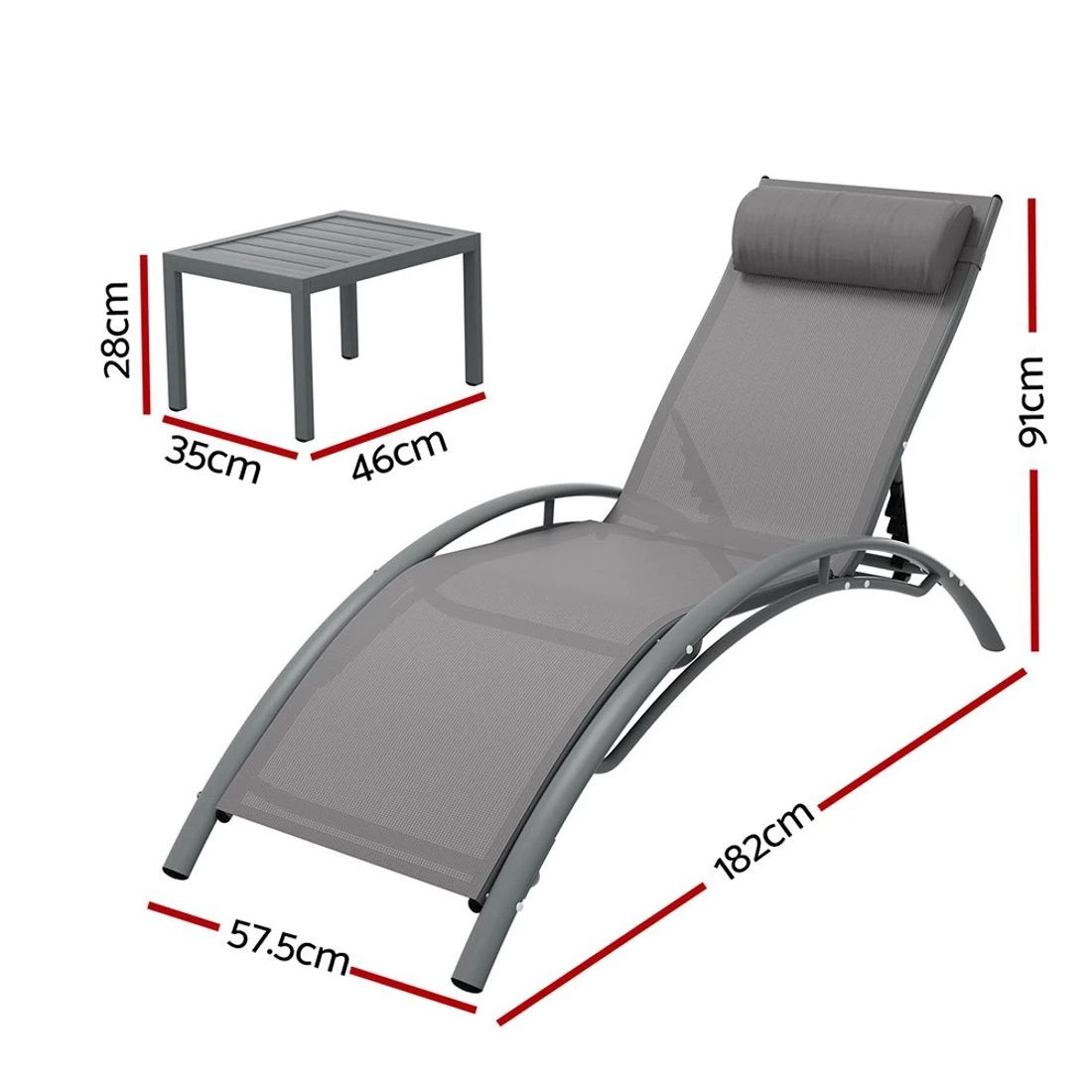 1 Gardeon 3PC Sun Lounge Outdoor Lounger Steel Table Chairs Patio Furniture - Grey, 1 of 7