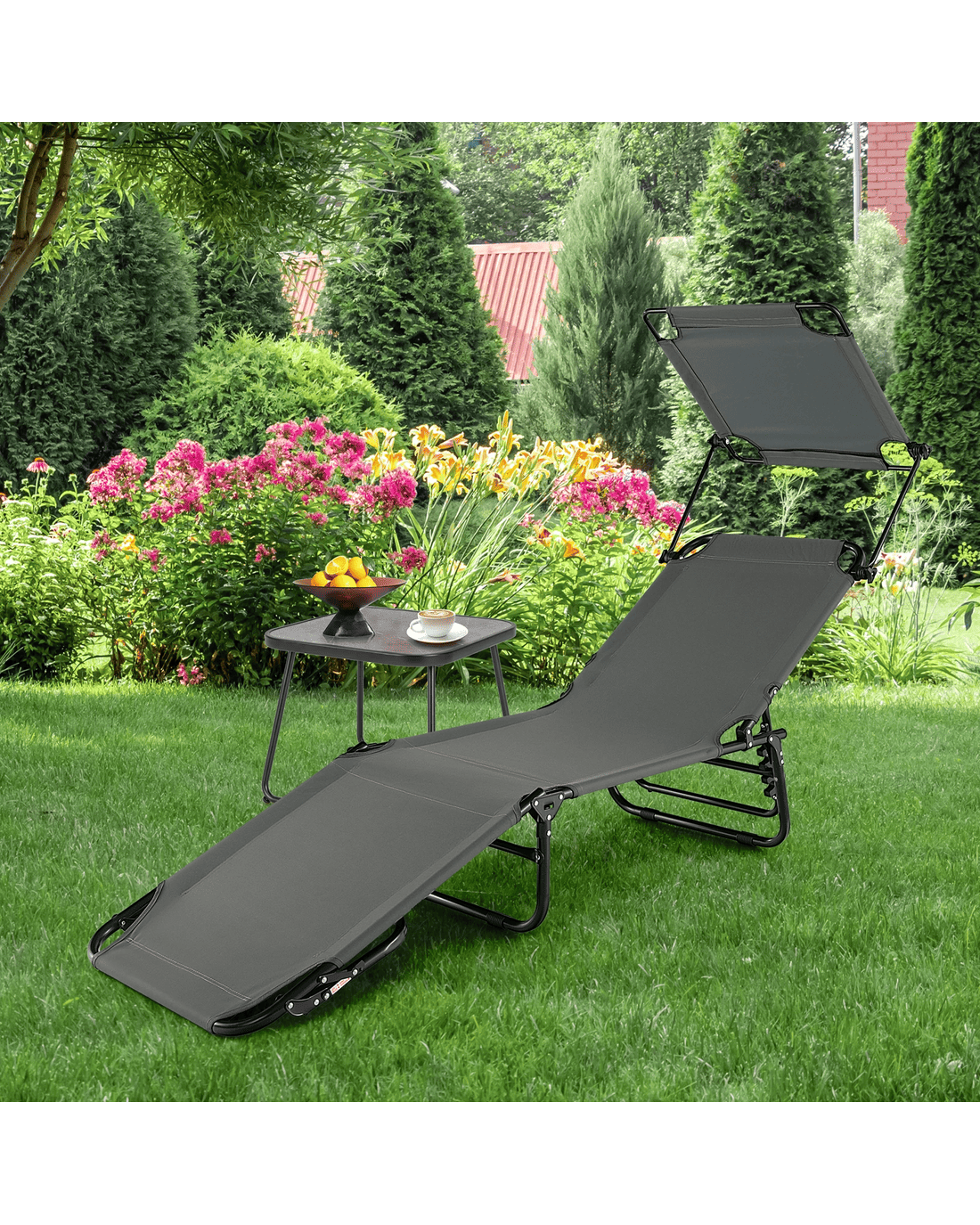 Costway Folding Outdoor Lounge Chair w/Rotating 360° Canopy Tanning ...