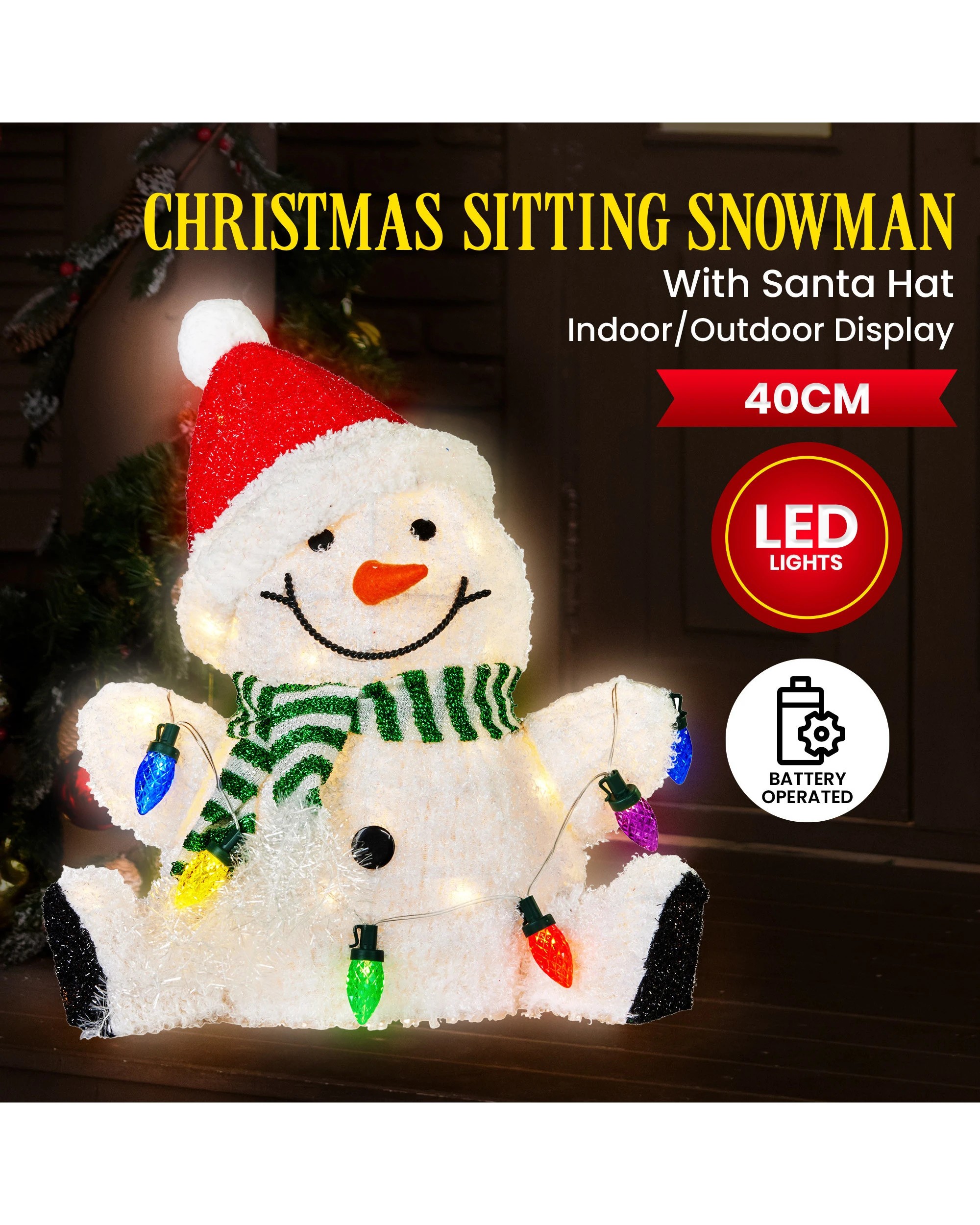 3 Christabelle Sitting Christmas Snowman Display With Lights - 40cm, 3 of 7