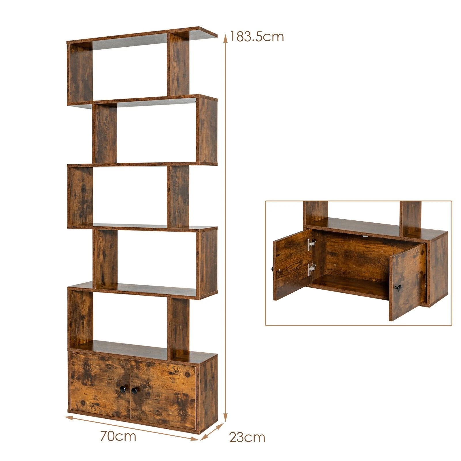 3 Costway 6-tier Bookcase Wood Bookshelf S-shaped Display Shelf Storage Cabinet - Brown, 3 of 4
