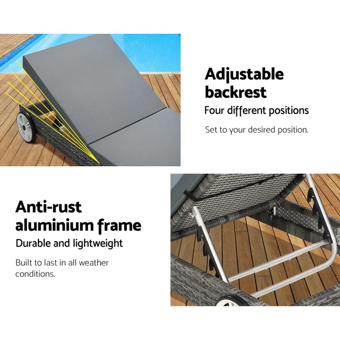 5 Gardeon Sun Lounge Wicker Lounger Outdoor Furniture Day Bed Wheels Patio - Grey, 5 of 6