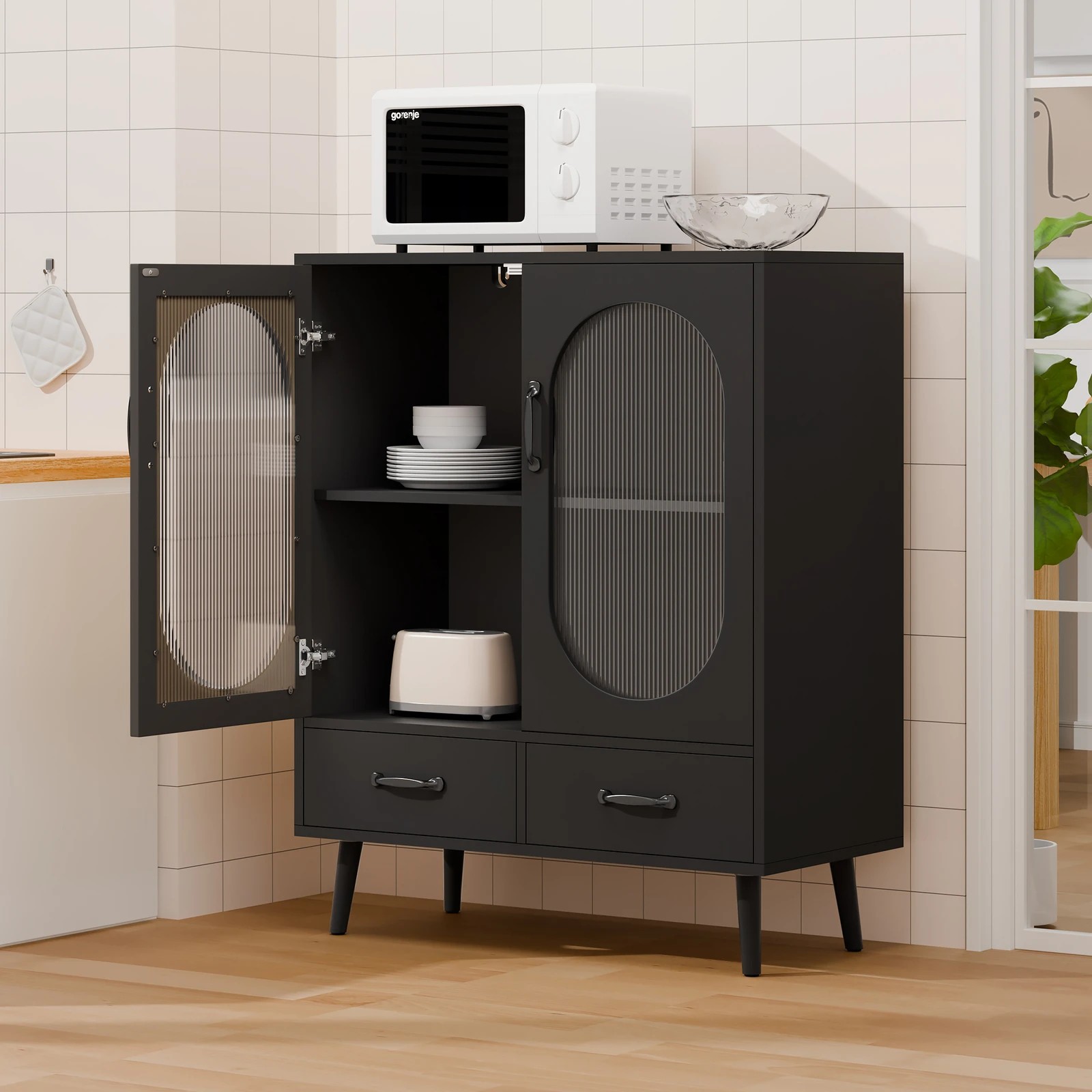 3 Alfordson Buffet Sideboard 2 Drawers Storage Cabinet Fluted Doors Cupboard - Black, 3 of 9