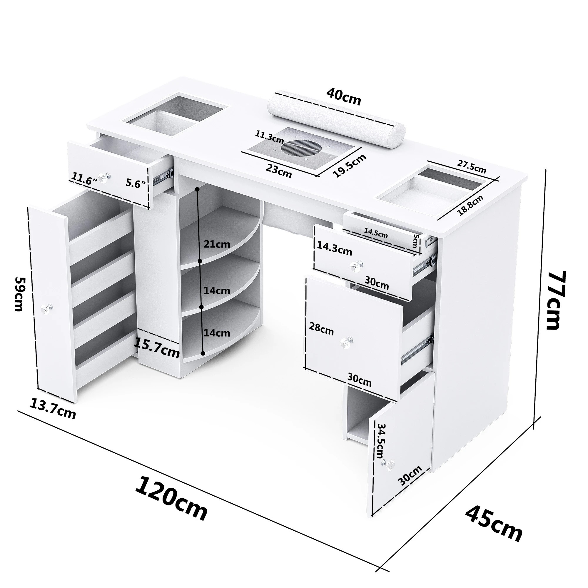 9 Advwin Vanity Desk Manicure Table With Dust Collector Glass Top Acetone Resistant Drawers Shelves
 - White, 9 of 10