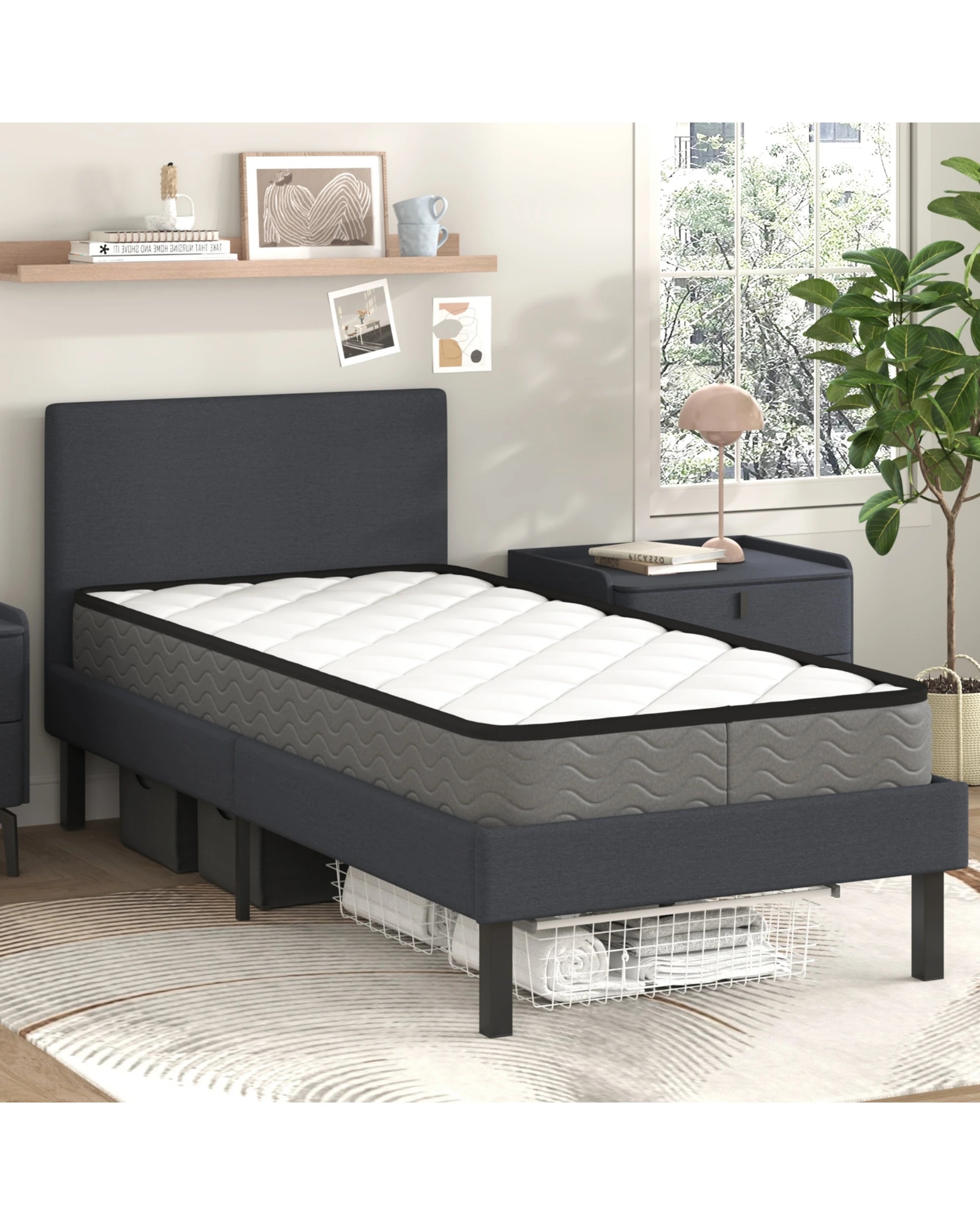 3 Advwin Single Bed Frame Platform Fabric With Upholstered Headboard Grey, 3 of 8
