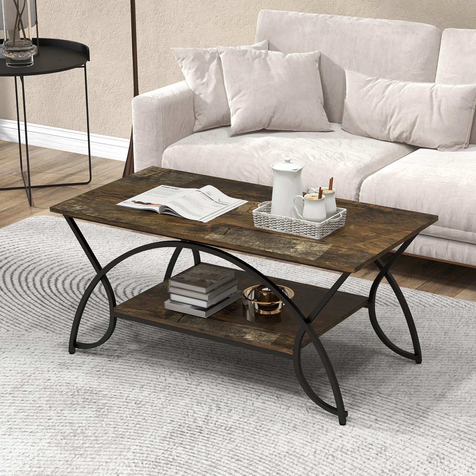 2 Costway 2-Tier Coffee Table Rectangular Cocktail Table w/Arched Metal Frame, 2 of 5