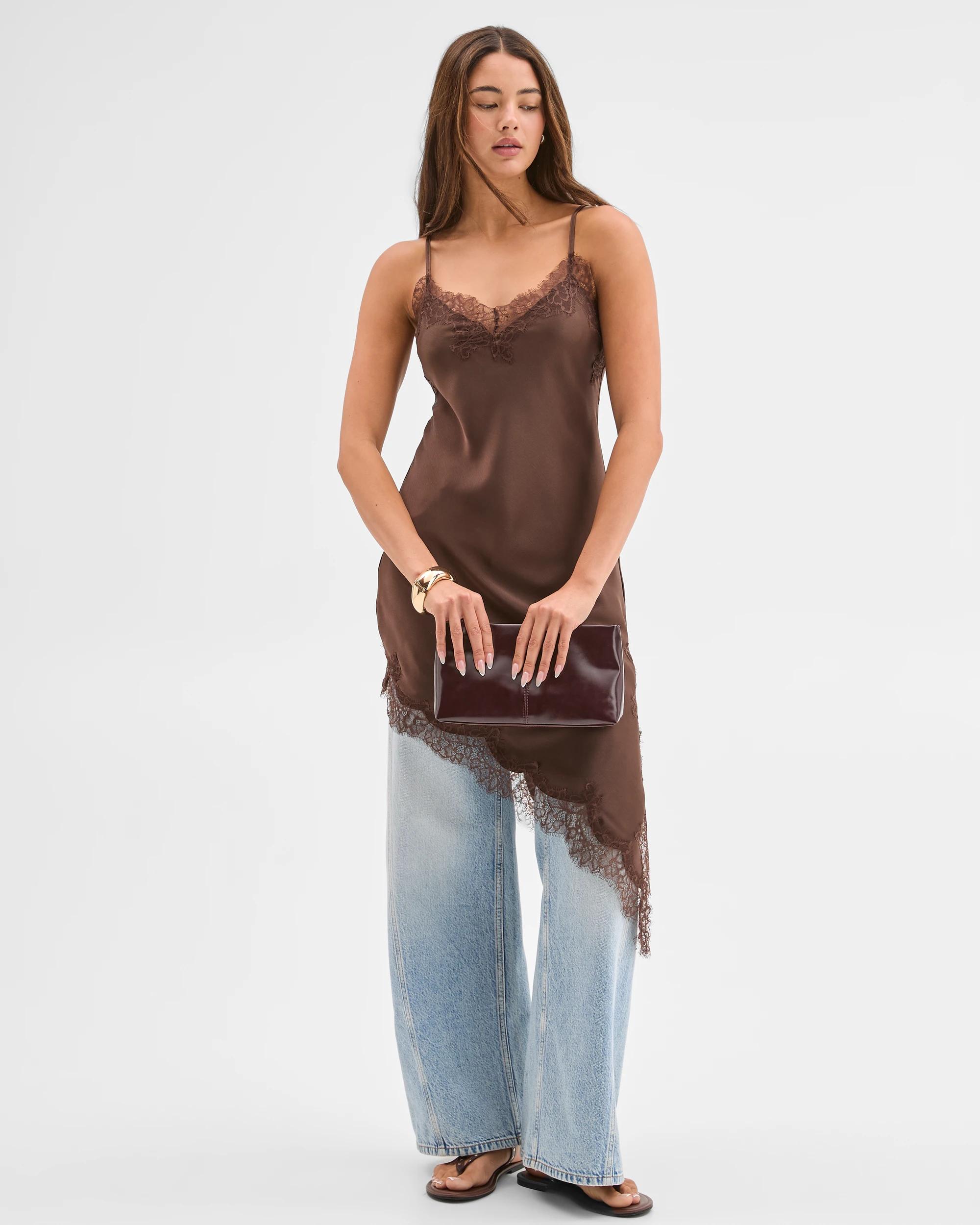 1 Lily Loves Satin Lace Trim Cami Midi Dress CHOCOLATE, 1 of 7