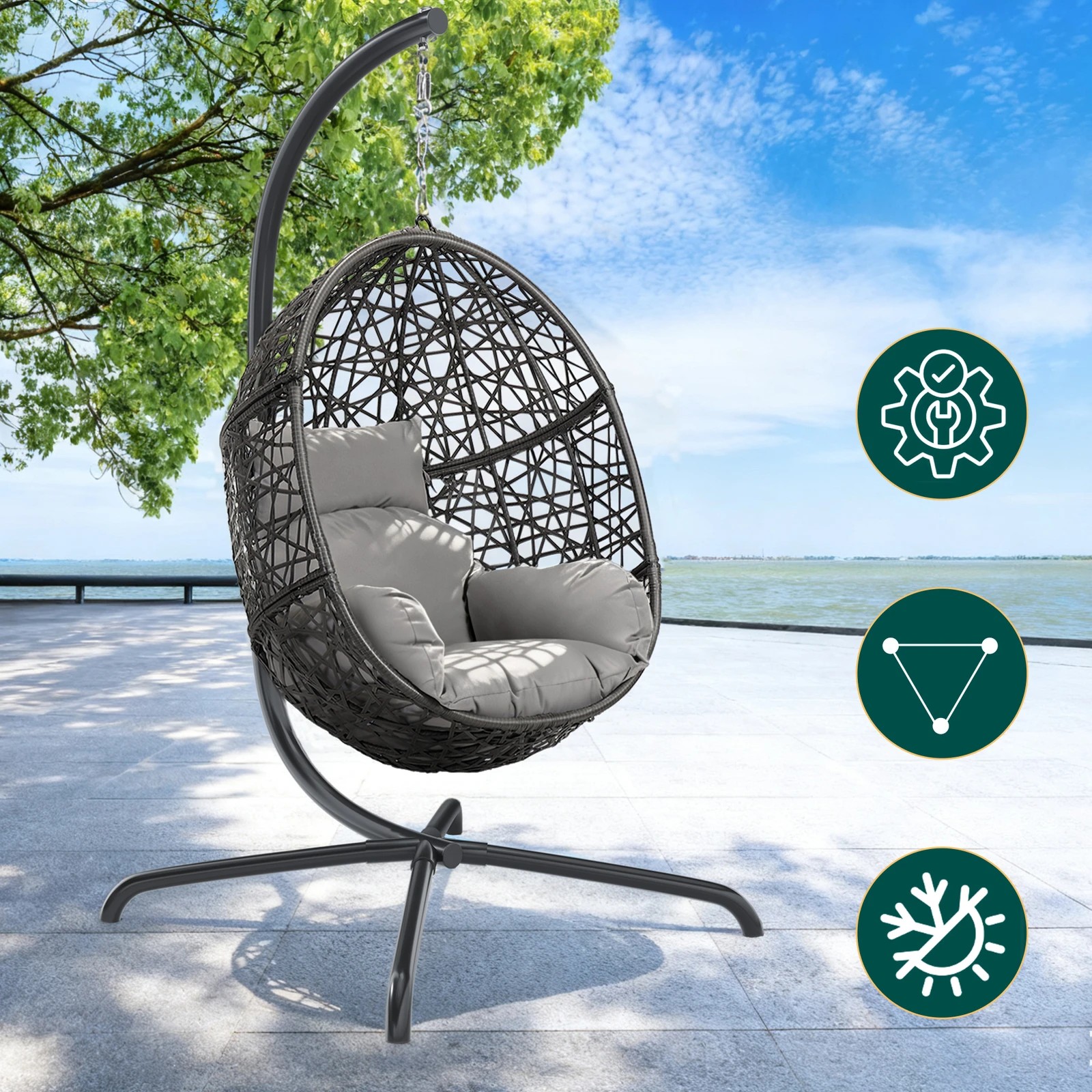 3 Alfordson Outdoor Egg Swing Chair Wicker Rattan Pod Hanging Seat - Light Grey, 3 of 10