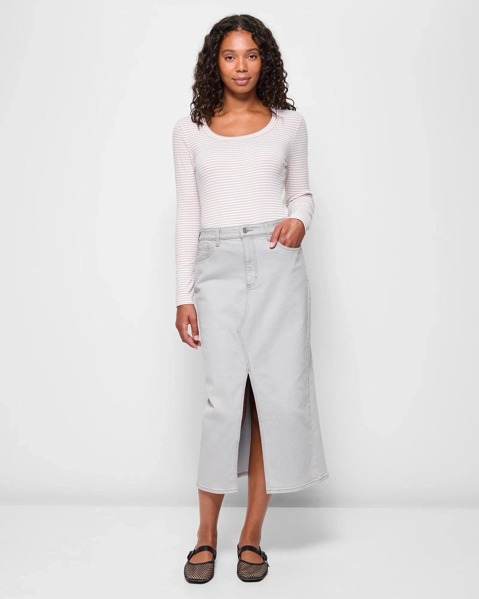 2 Target Australian Cotton Long Sleeve Scoop Neck Ribbed T-Shirt BRILLIANT WHITE/PEBBLE STRIPE, 2 of 5