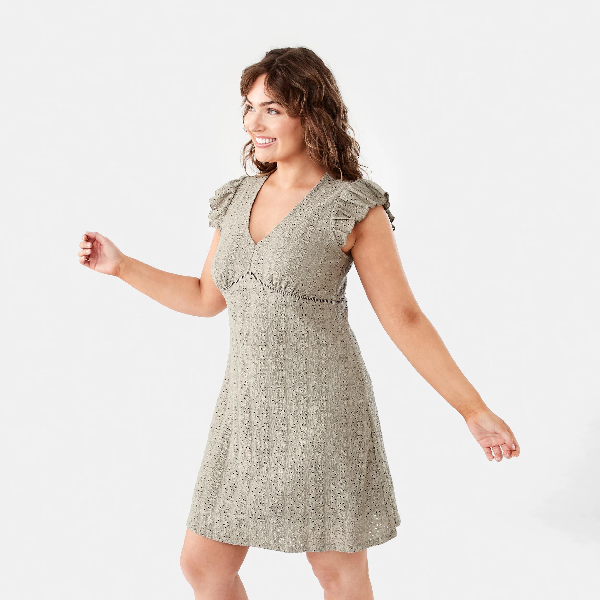 3 Sleeveless Broderie V-Neck Mini Dress Lt Khaki, 3 of 9