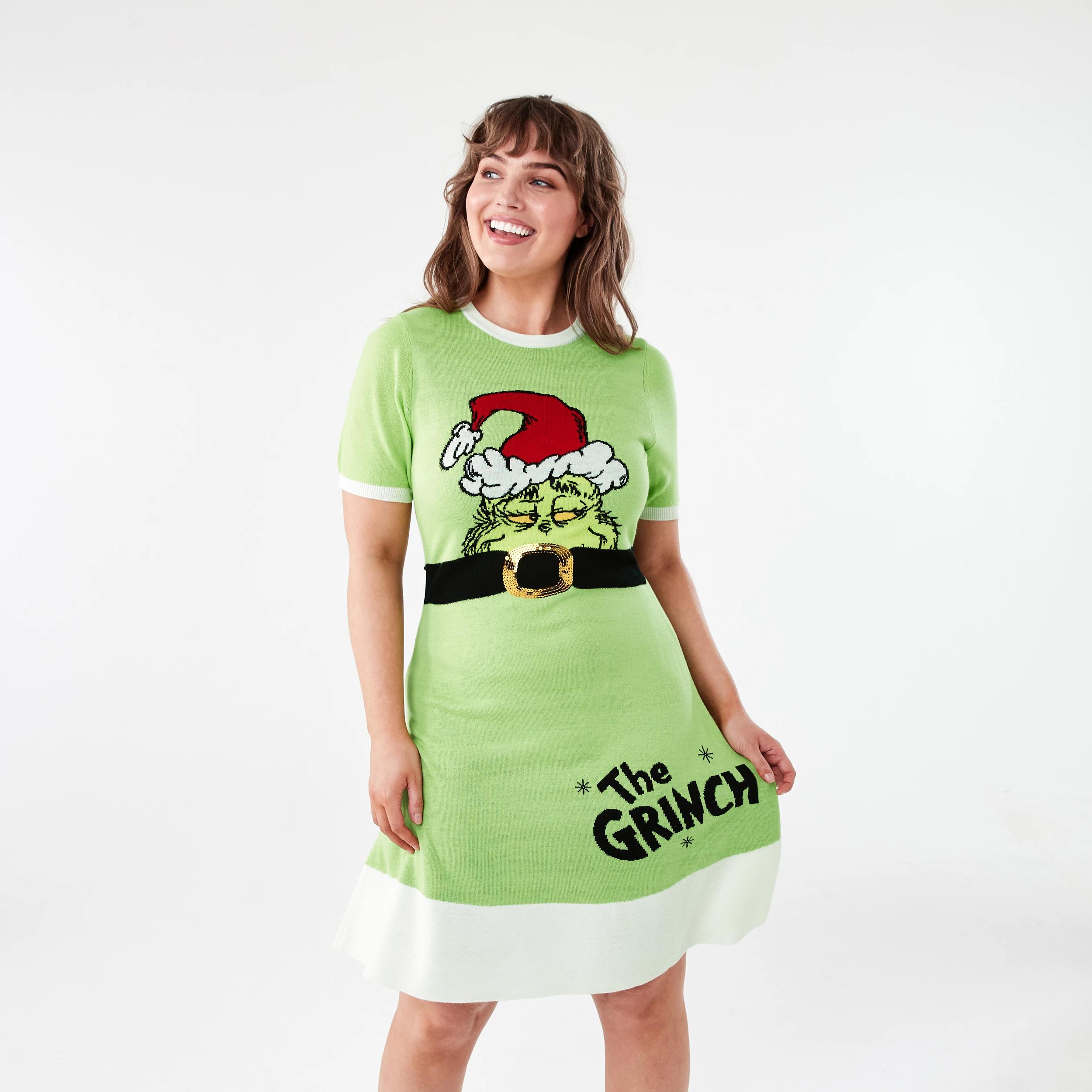 1 Short Sleeve The Grinch License Christmas Knit Mini Dress D52 GRINCH XMAS DRESS, 1 of 8