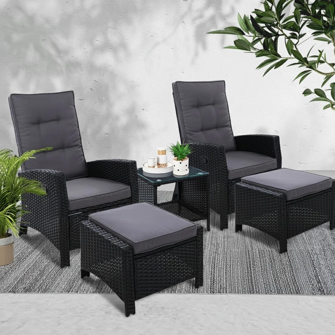 6 Gardeon 5PC Recliner Chairs Table Sun lounge Wicker Outdoor Furniture Adjustable - Black, 6 of 6