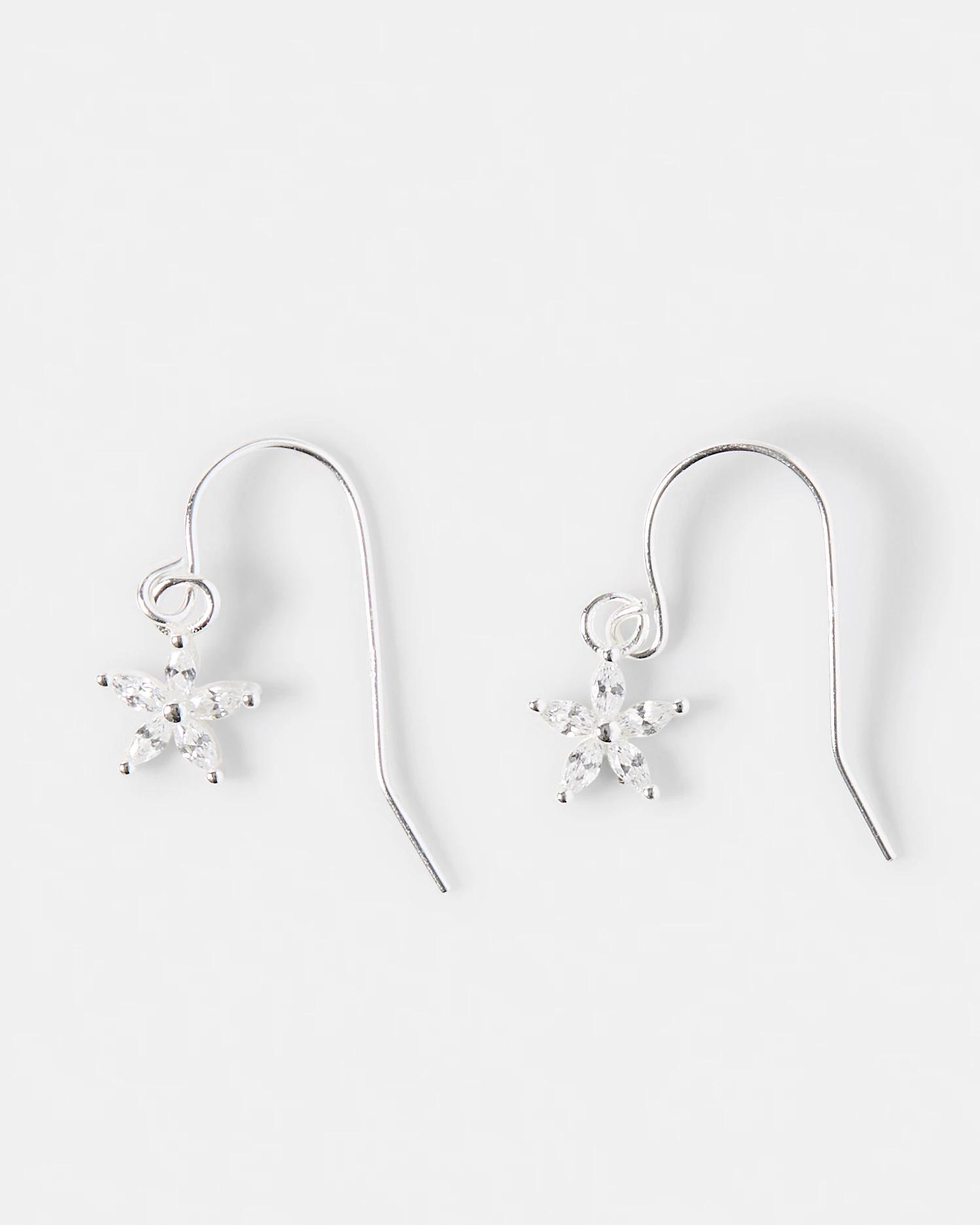 1 Cubic Zirconia Sterling Silver 925 Flower Huggie Earrings Silver, 1 of 4