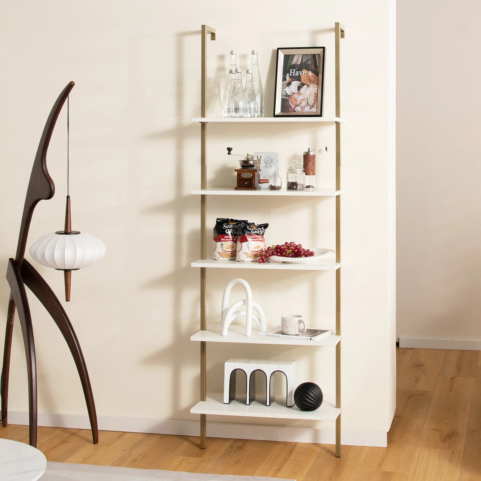 2 Costway 5-Tier Ladder Shelf Wall Mounted Bookshelf Bookcase Display Storage Rack - Gold, 2 of 4
