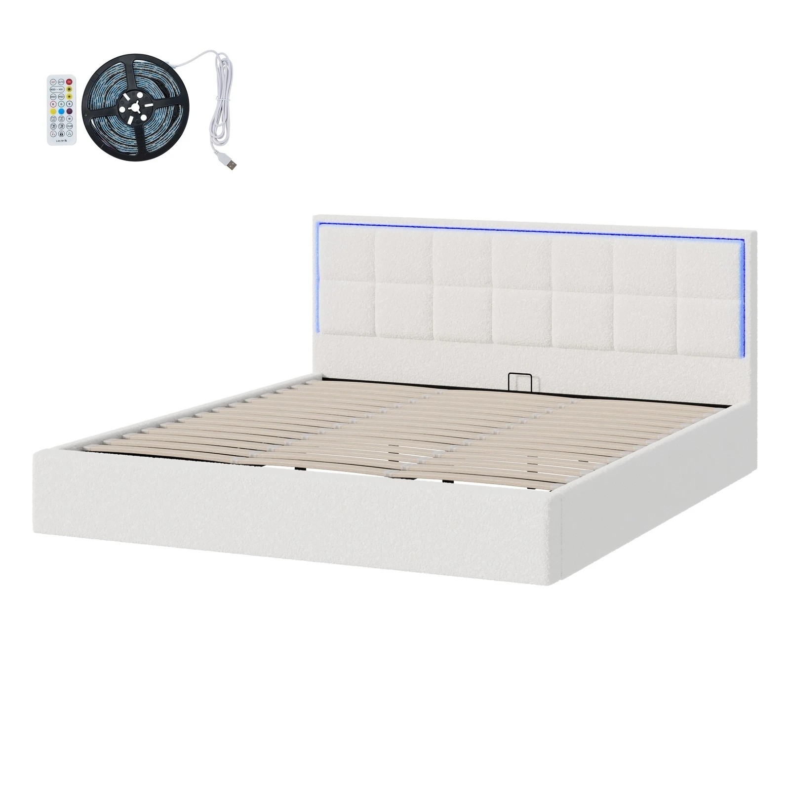 7 Oikiture Bed Frame King Size RGB LED Gas Lift Storage Base Boucle - White, 7 of 9