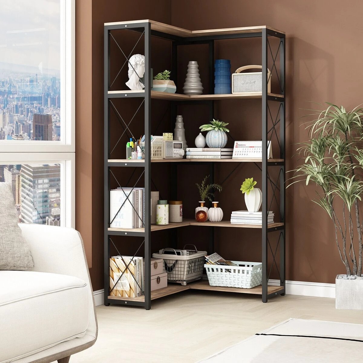 2 LUXSUITE Bookshelf Display Corner Shelf 4 Tier Metal Black, 2 of 5