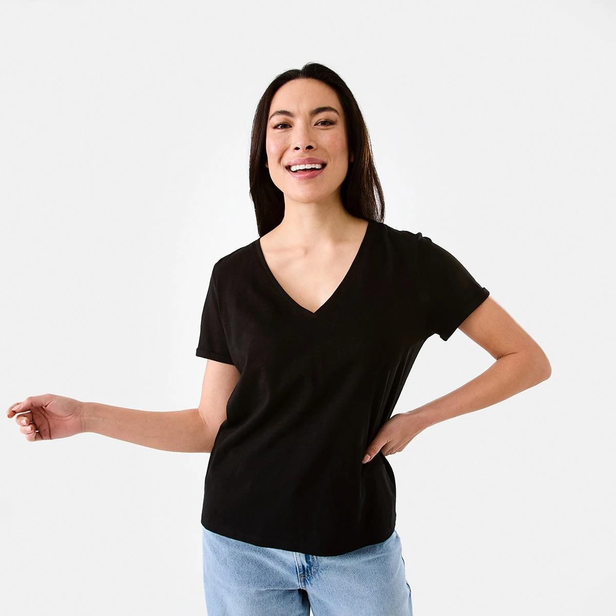 1 Short Sleeve Slub V-neck T-shirt Black, 1 of 5