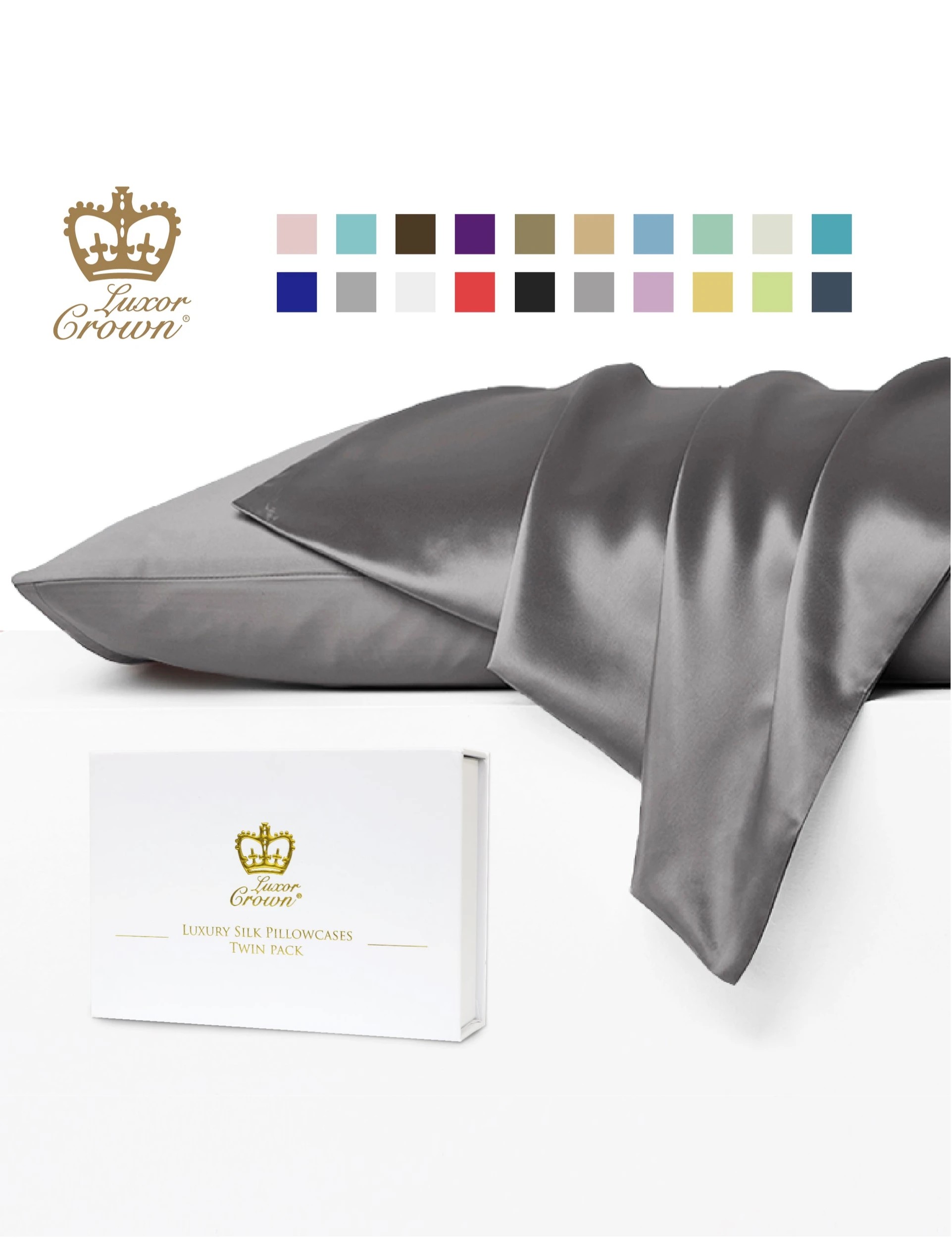 2 Luxor Crown Mulberry Silk Pillowcase (Twin Pack) - Grey, 2 of 2