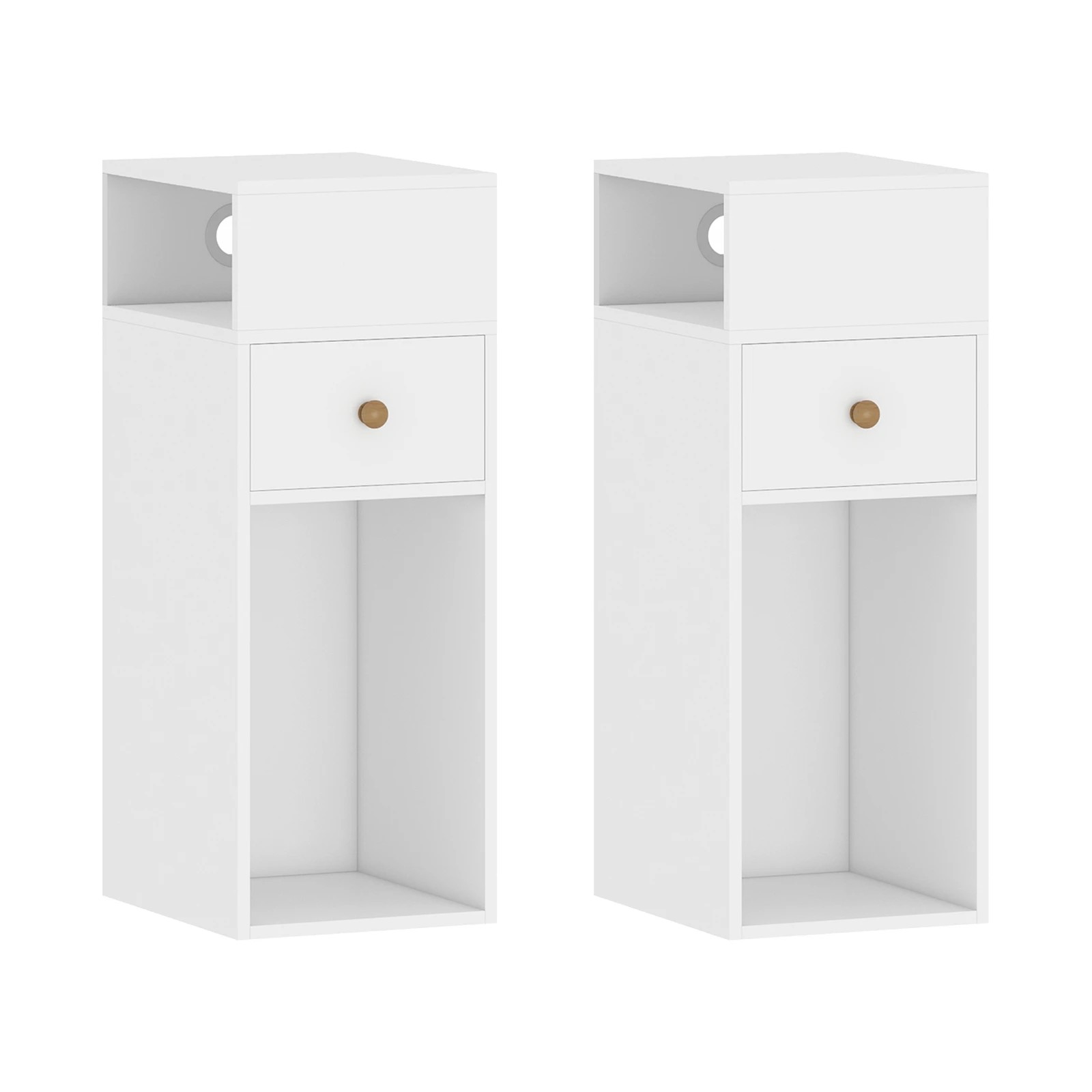 1 Ufurniture 2PCS Wooden Side Table w/ Cable Port Narrow End Table Drawer & Shelf - White, 1 of 7