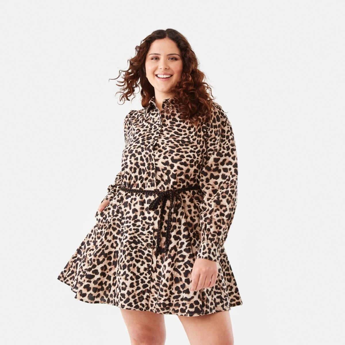 1 Long Sleeve Printed Skater Mini Dress Brwn Leo, 1 of 9