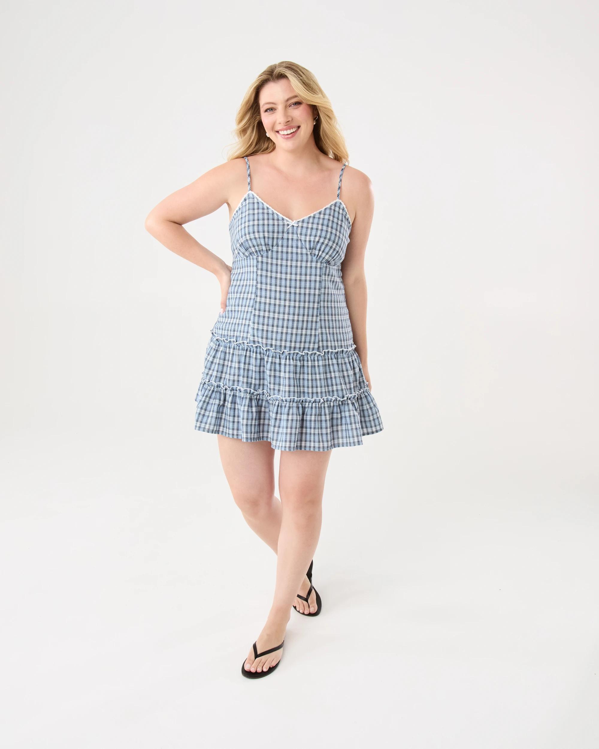 4 Sleeveless Check Print Mini Dress Blue Check, 4 of 10