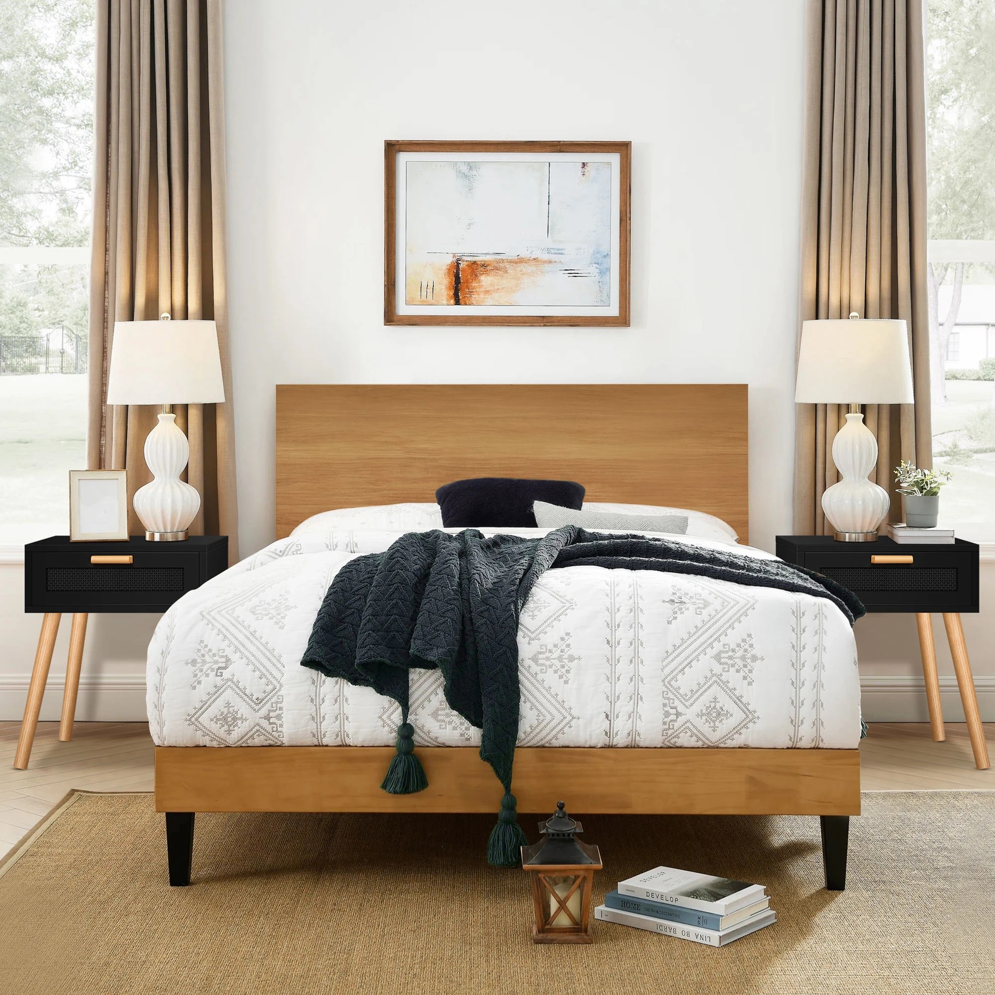 10 Alfordson Bedside Table Nightstand Side Storage Drawer Wooded Rattan - Black, 10 of 10