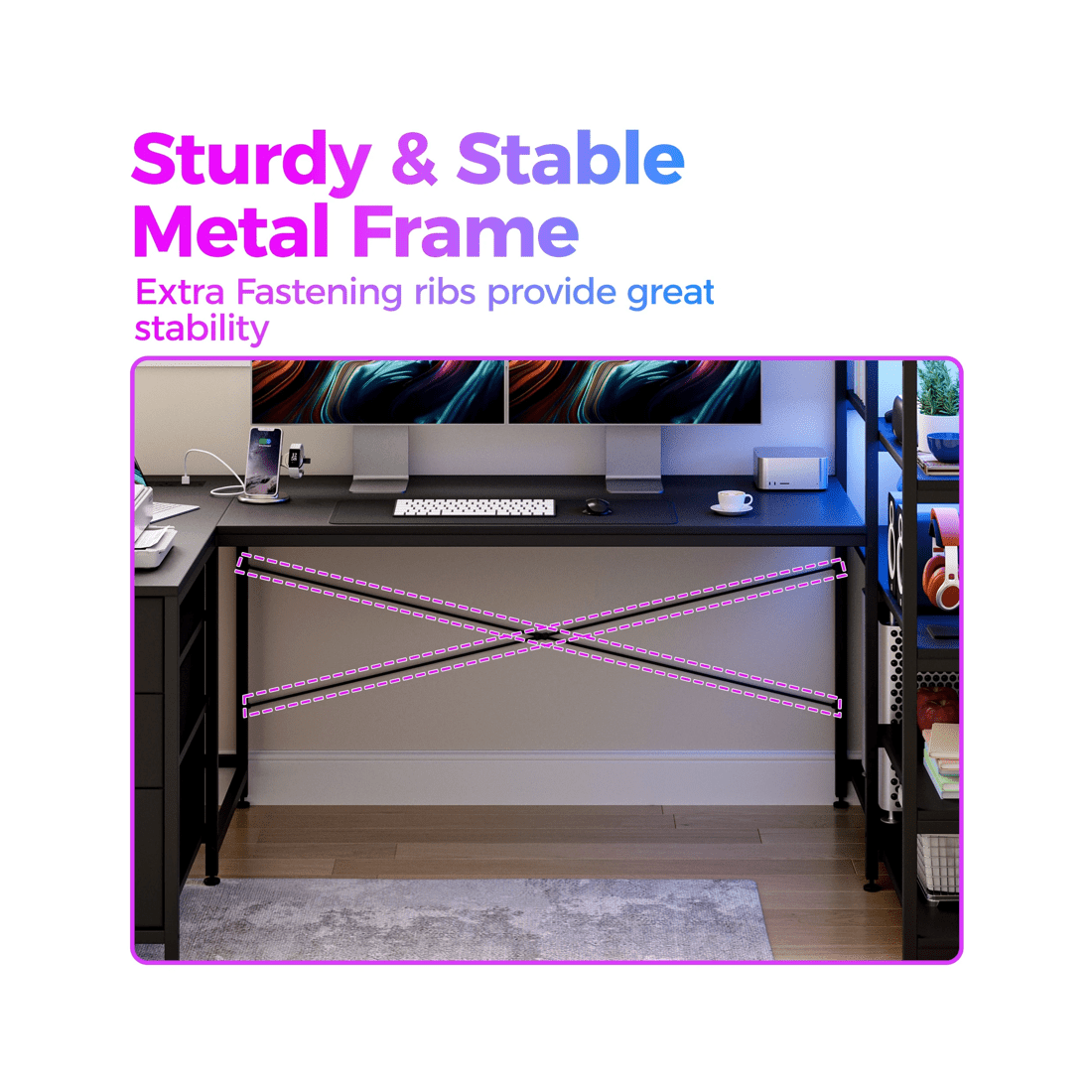 6 Advwin U Shaped Gaming Desk With Led Lights & Power Outlets Reversible 164cm Computer Desk With Bookshelf Black, 6 of 10