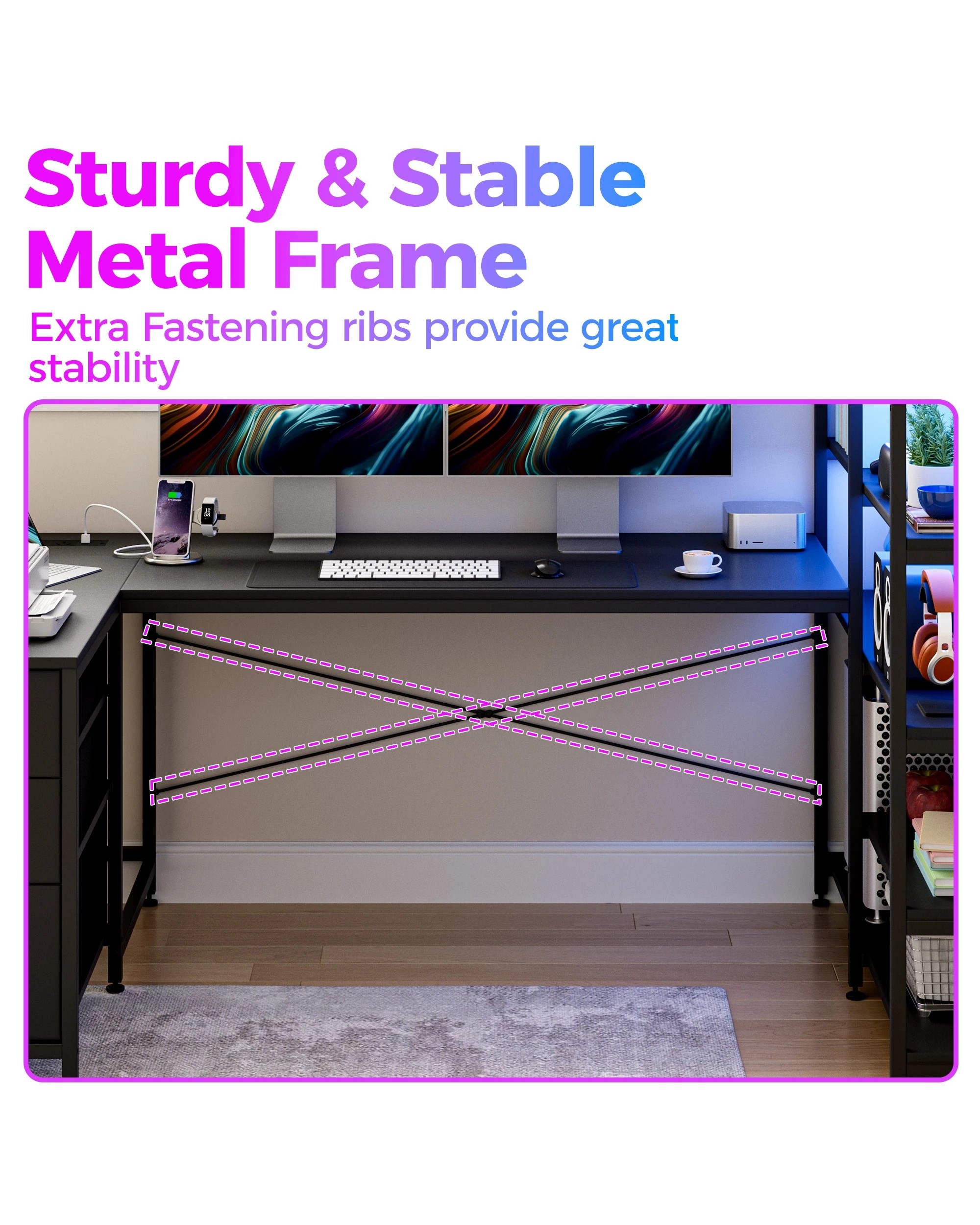 6 Advwin U Shaped Gaming Desk With Led Lights & Power Outlets Reversible 164cm Computer Desk With Bookshelf Black, 6 of 10