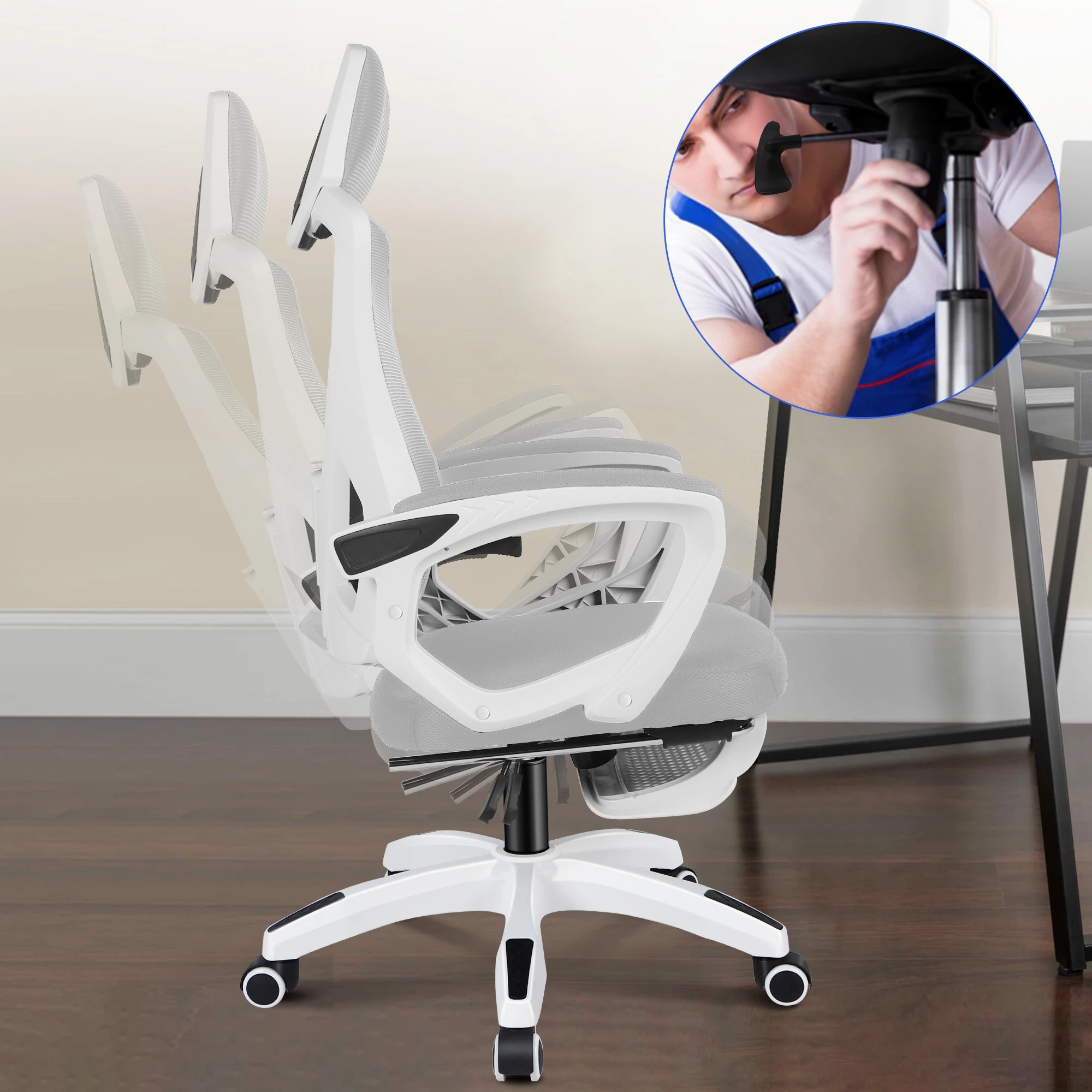 5 Alfordson Mesh Office Chair Gaming Executive Computer Recliner Study Work Seat - White Grey, 5 of 10