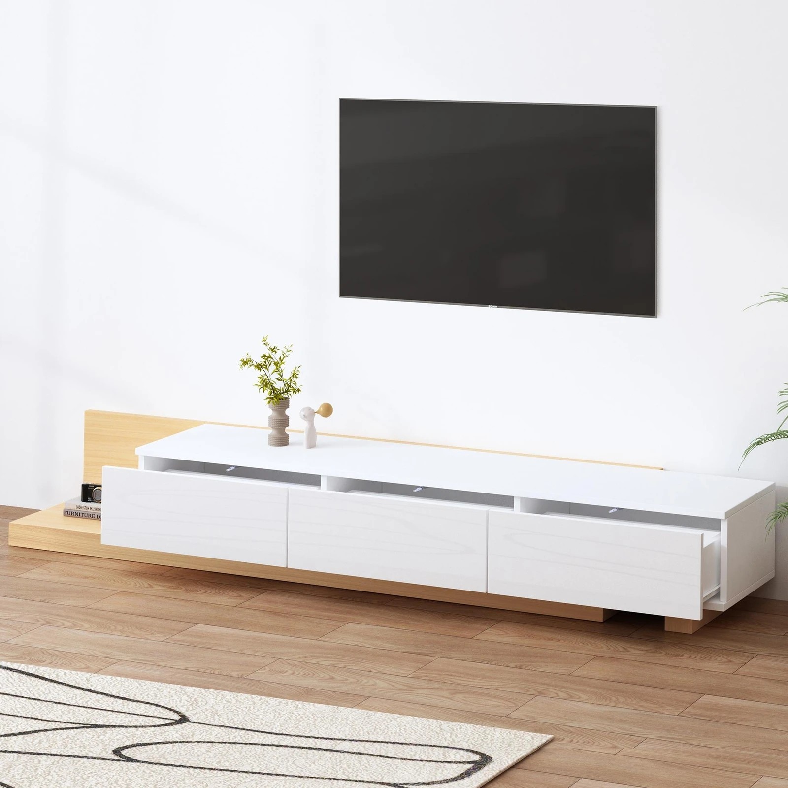 2 Alfordson 200-380cm Extendable Entertainment Unit TV Cabinet Stand Storage Shelf - Wood White, 2 of 8